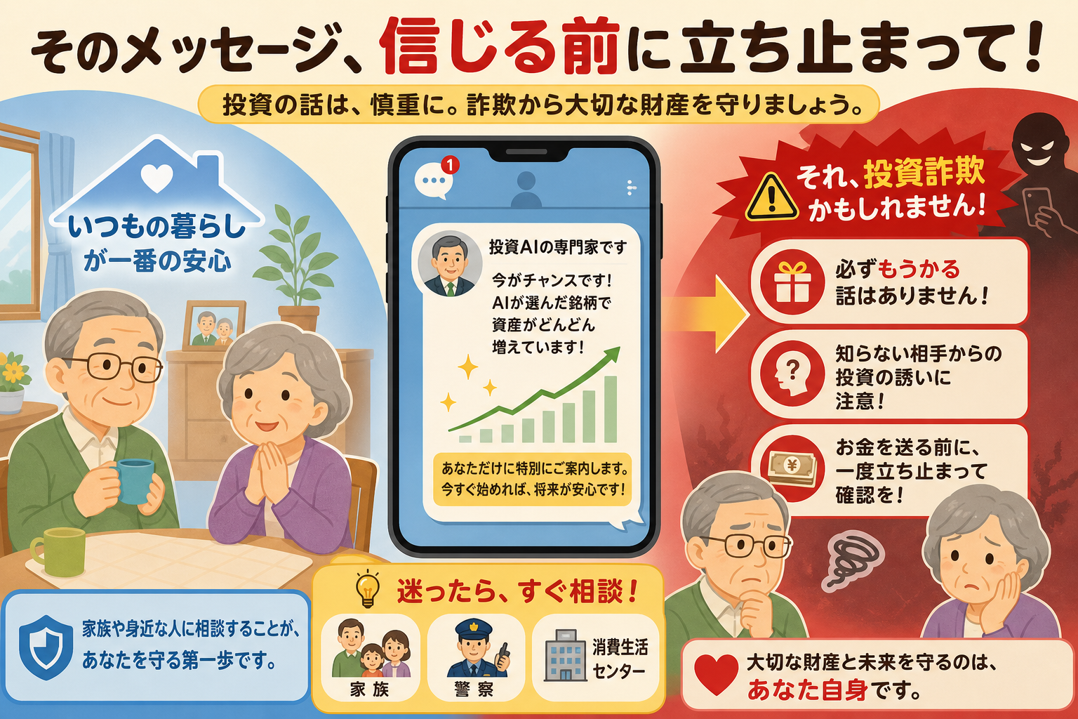 投資AIの開発者を装うSNS詐欺の警告イメージ