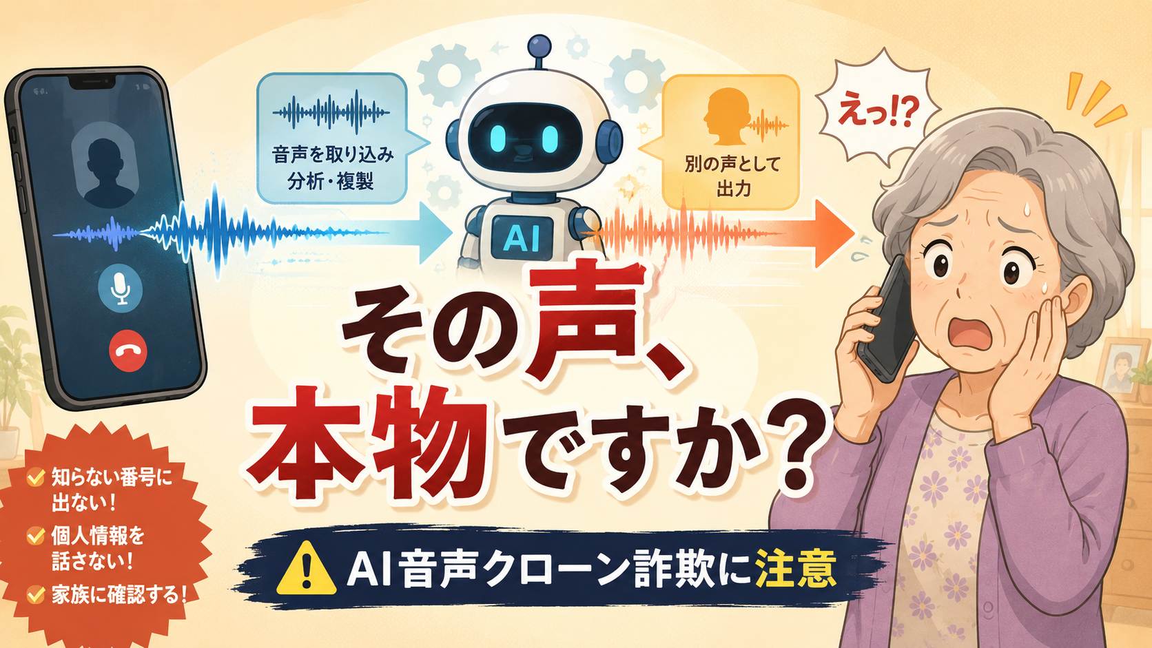 AI音声クローン詐欺を警告するアイキャッチ画像