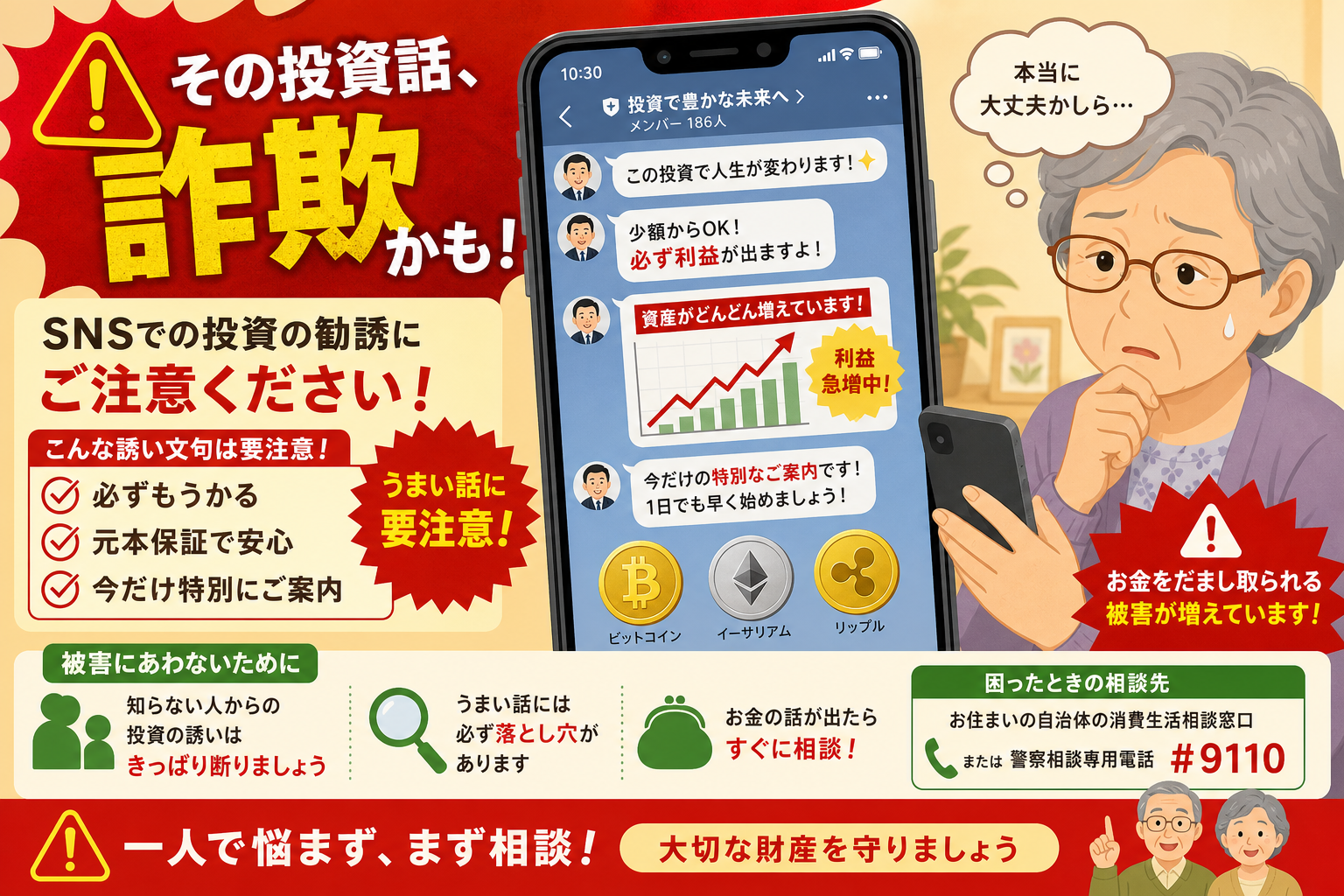 SNSで始まる暗号資産投資詐欺の警告イメージ