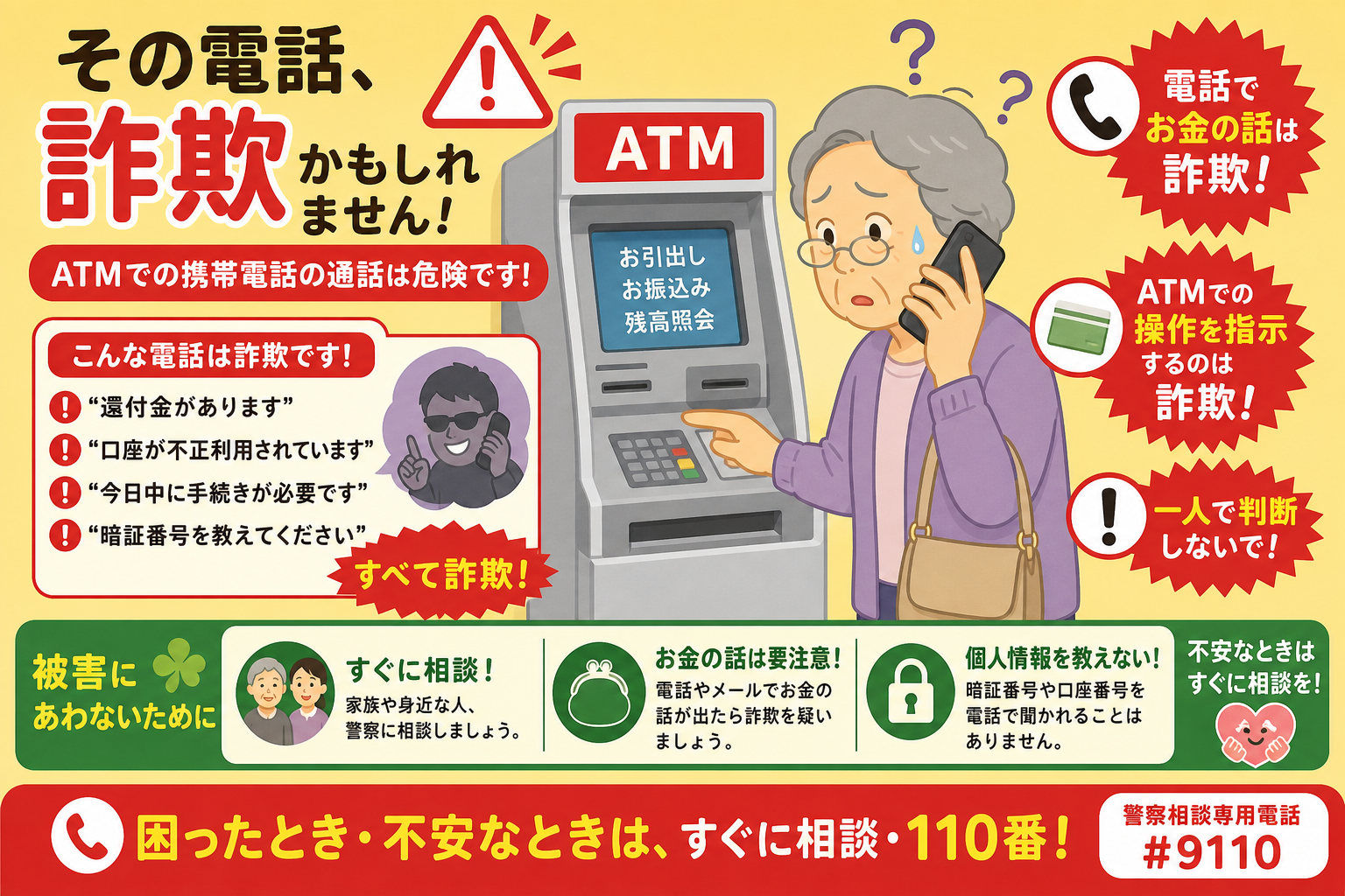 ATMで電話しながら操作する高齢者・還付金詐欺の警告イメージ
