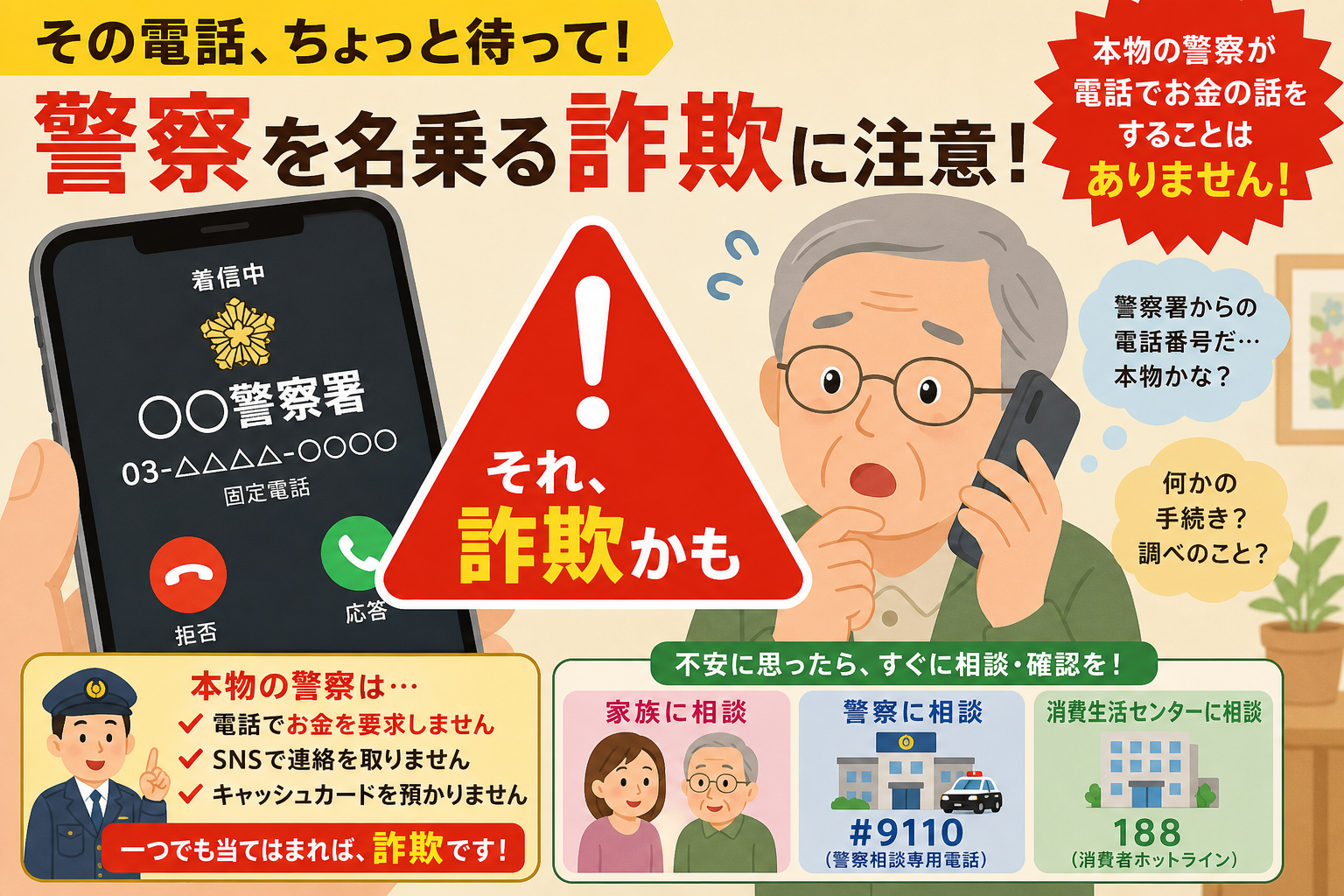 スマートフォンに警察署の番号が表示される電話番号偽装詐欺の警告イメージ