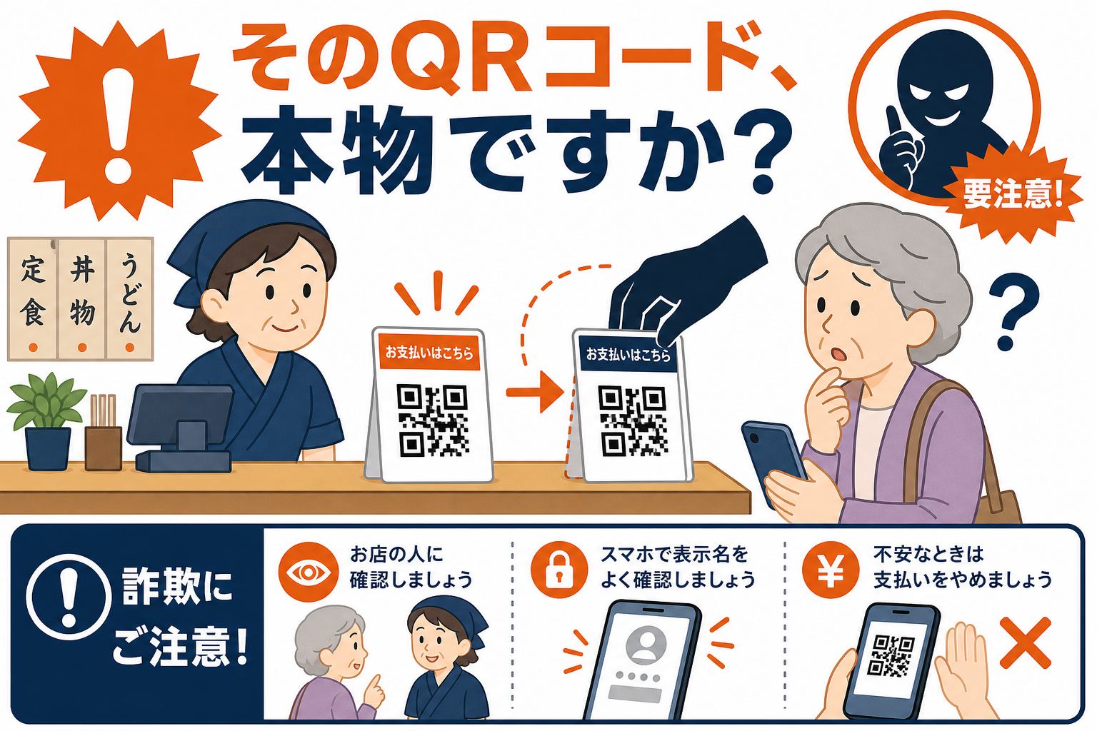 飲食店のレジ横で偽のQRコードに差し替えられる詐欺の手口を示すイラスト