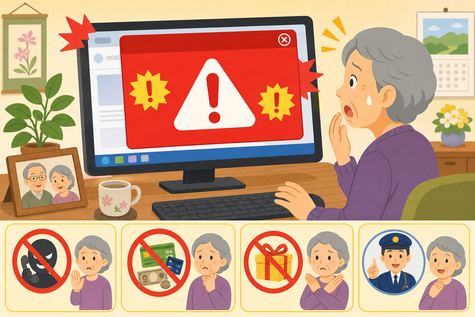 パソコンに偽のウイルス警告が表示されるサポート詐欺のイメージ