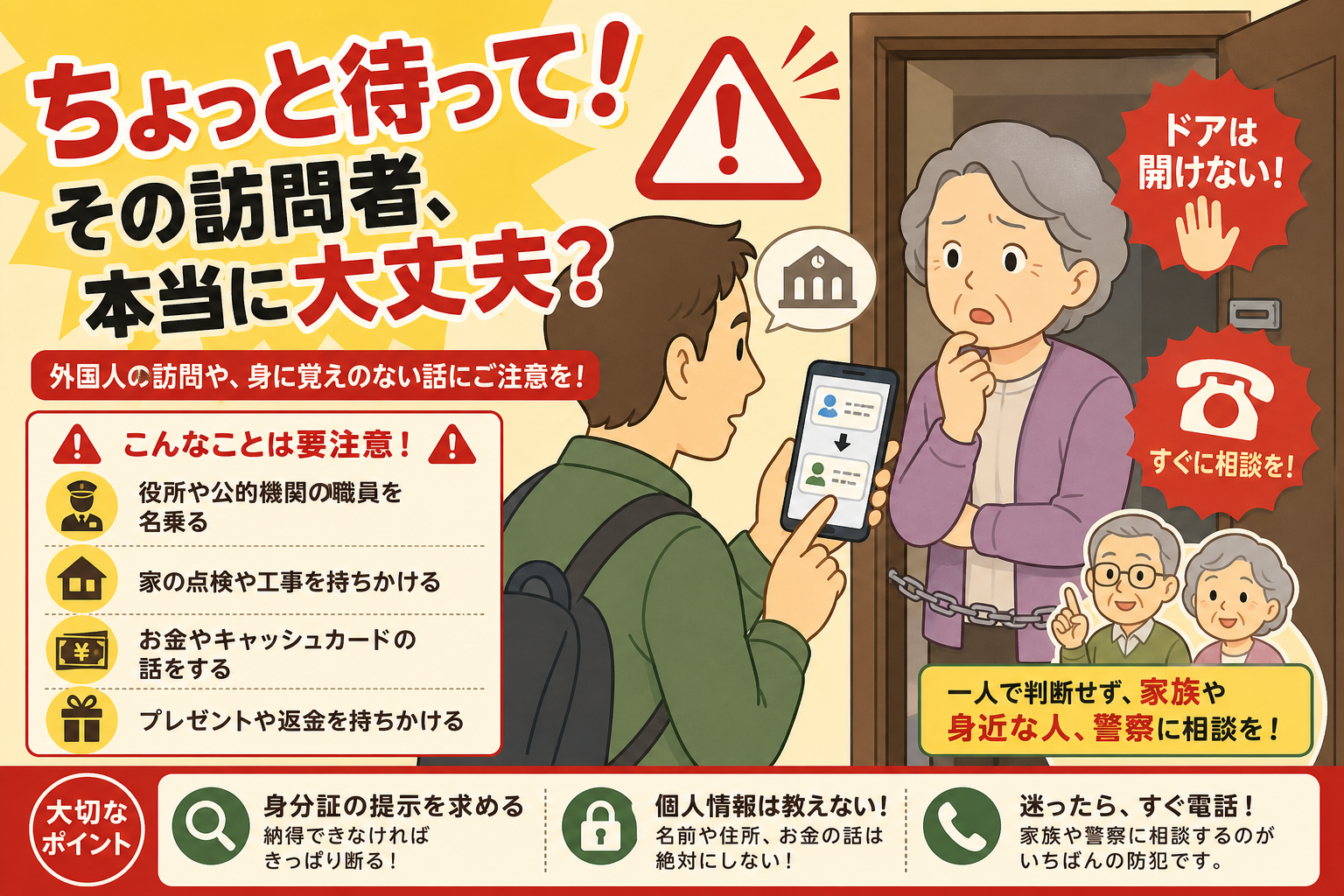 翻訳アプリを使う外国人受け子による詐欺の警告イメージ