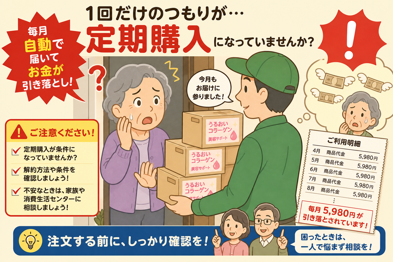 お試し1回のつもりが毎月届く・定期購入トラブルの警告イメージ