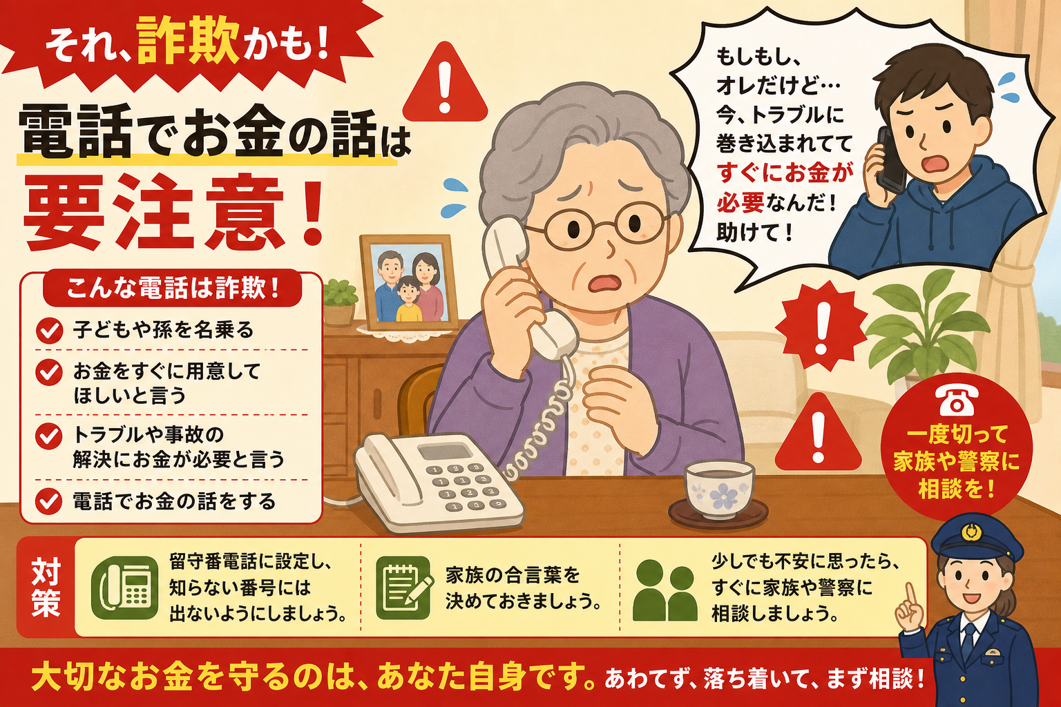 暴力団が黒幕のオレオレ詐欺・電話で息子を装い現金をだまし取る詐欺の警告イメージ
