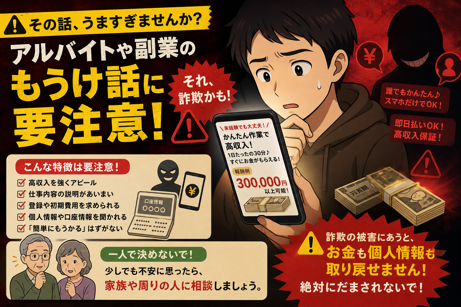 闇バイトのリクルーターとして逮捕された高校生・詐欺加害者になるリスクの警告イメージ
