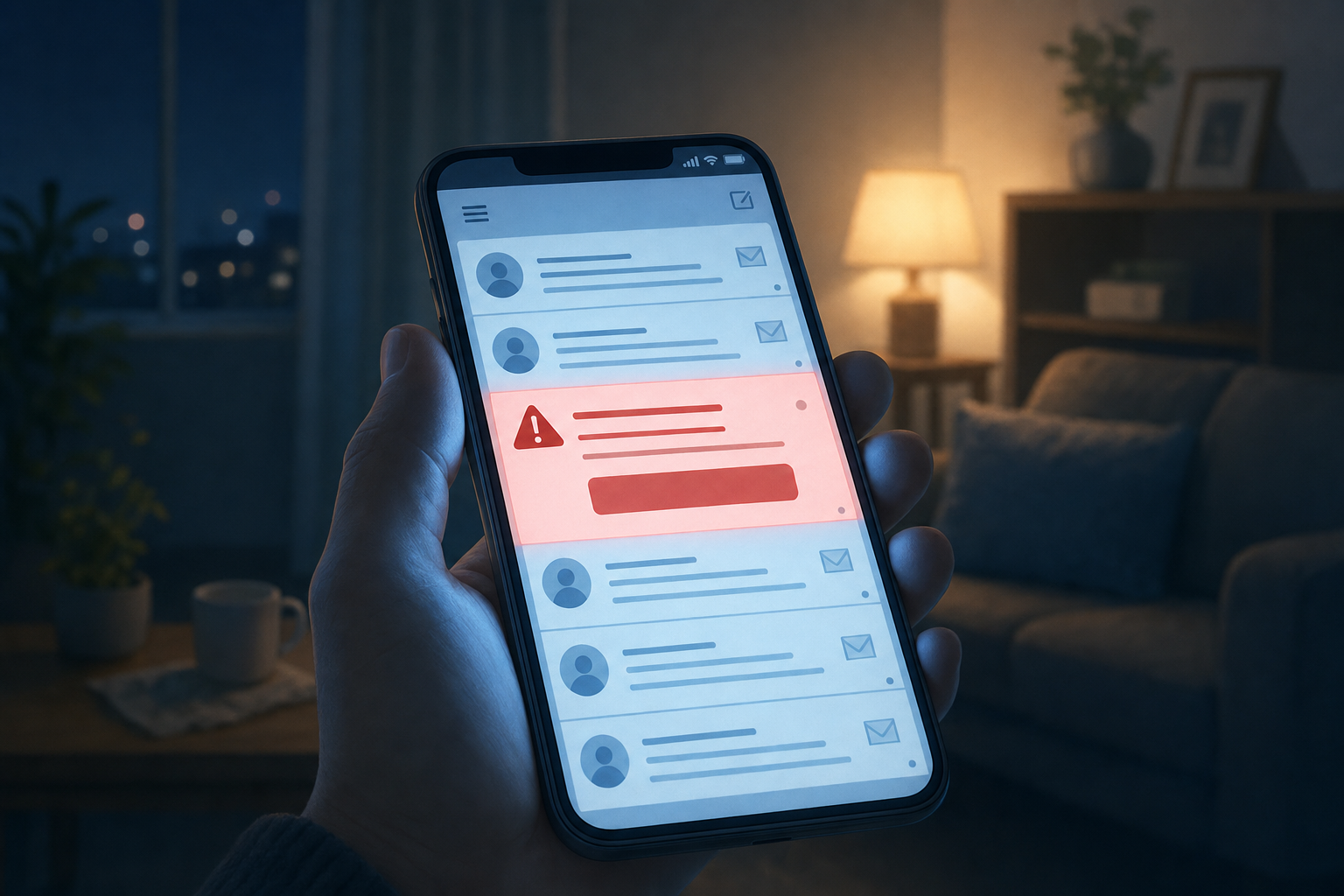 夜の部屋でスマートフォンのメール受信箱を見ている手元。1件だけ警告マーク付きの怪しいメールが赤く強調されているイメージイラスト