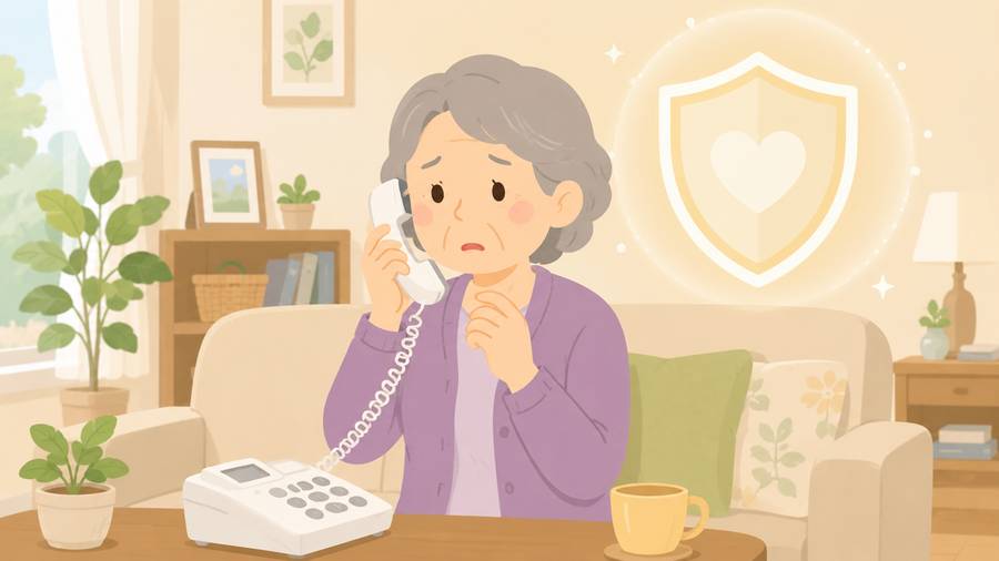検察官をかたる詐欺の電話に不安になるシニア女性のイラスト