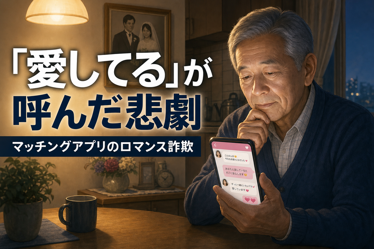 「愛してる」が呼んだ悲劇 マッチングアプリのロマンス詐欺、夜にスマートフォンのメッセージを見つめる高齢男性のイメージイラスト