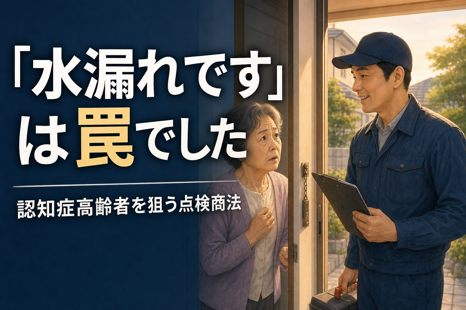 「水漏れです」は罠でした 認知症高齢者を狙う点検商法、玄関先で高齢女性に声をかける作業員風の男のイメージイラスト