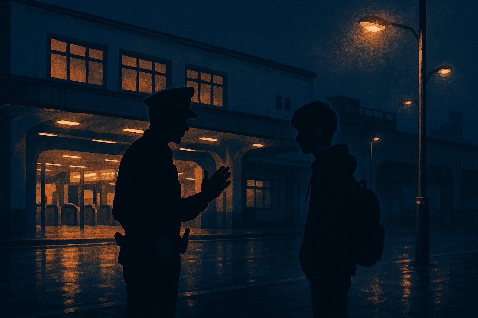 夜の駅前で警察官が少年に職務質問をしている様子のイメージイラスト