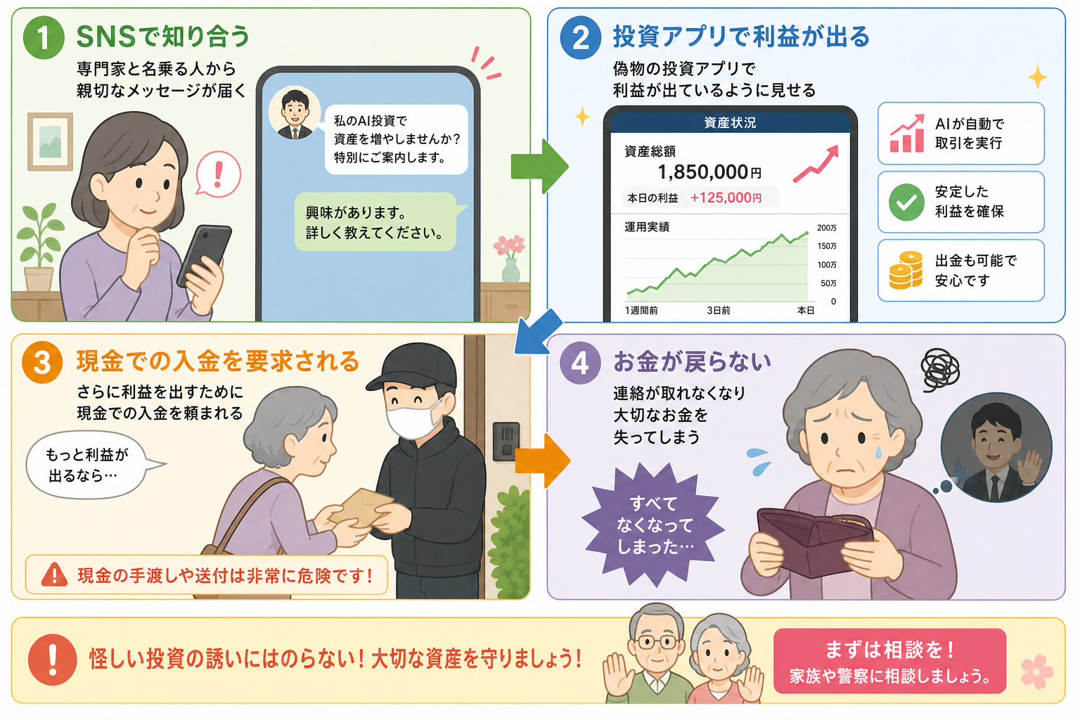 投資AI詐欺の4ステップ：SNS接触→偽アプリで信用→現金手渡し→全財産が消える
