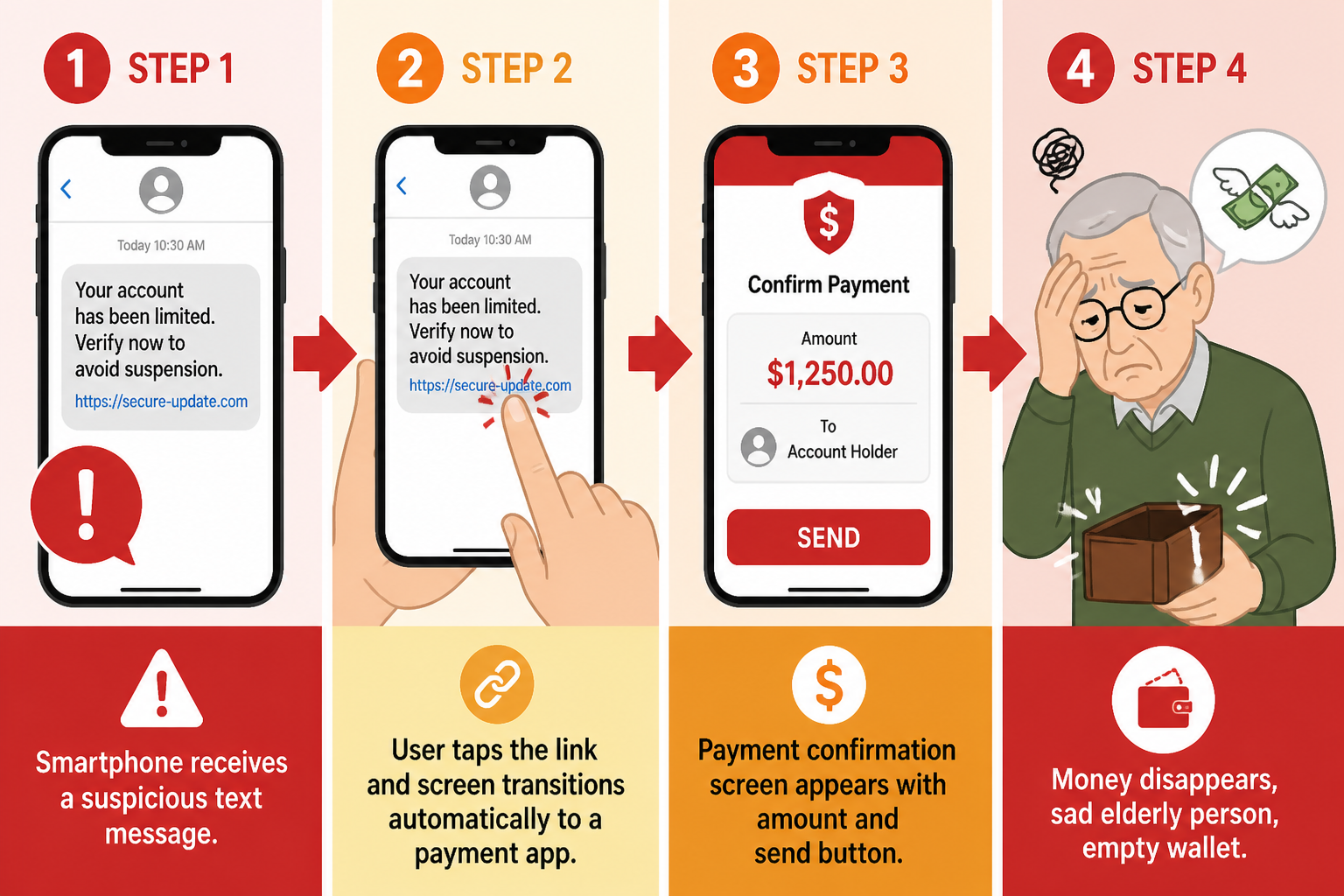 PayPay送金詐欺の4ステップ：偽SMS受信→リンクタップ→PayPay送金画面に自動遷移→送金完了