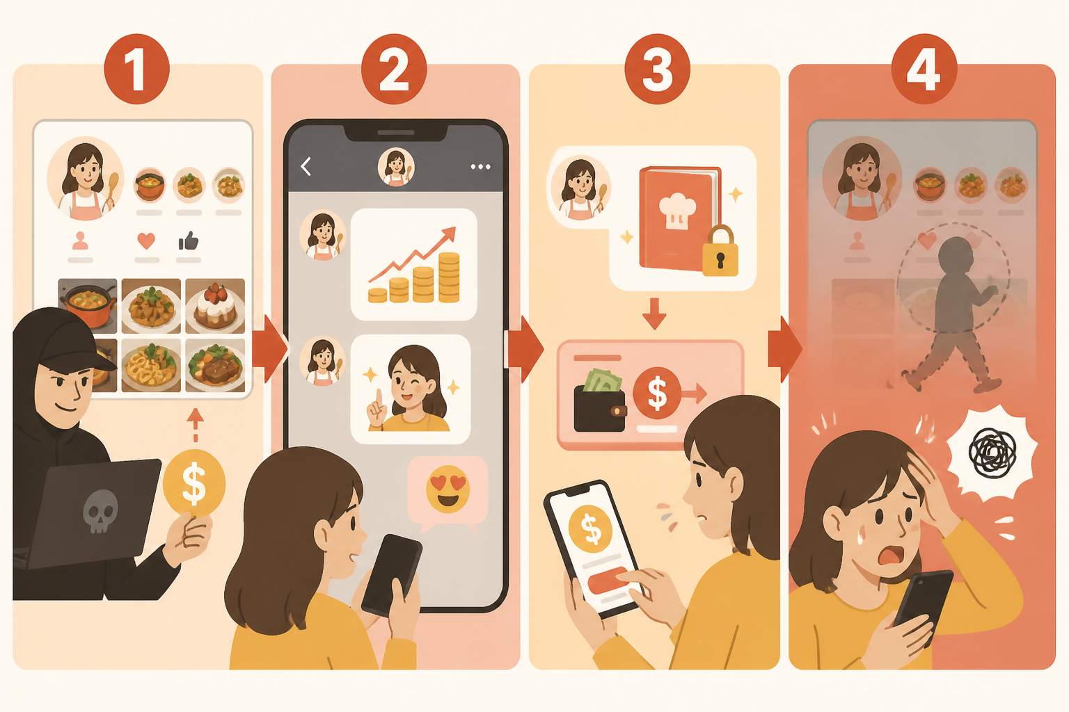 SNS副業詐欺の4ステップ：人気アカウント乗っ取り→DM送信→情報商材購入→逃走