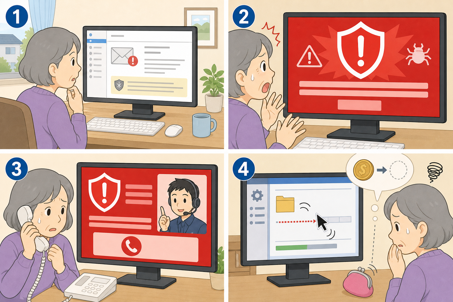サポート詐欺の4ステップ：偽メール受信→偽警告画面が全画面表示→電話→遠隔操作でお金が盗まれる