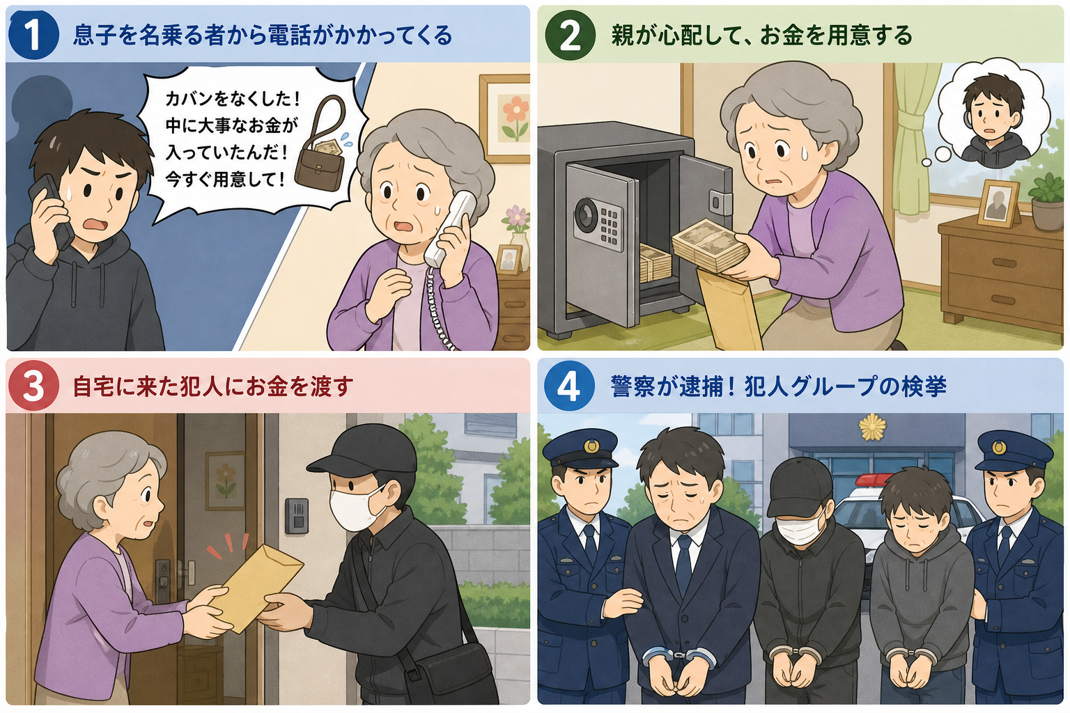 オレオレ詐欺の4ステップ：息子を装う電話→現金準備→受け子が玄関で受け取り→暴力団幹部を含むグループが逮捕