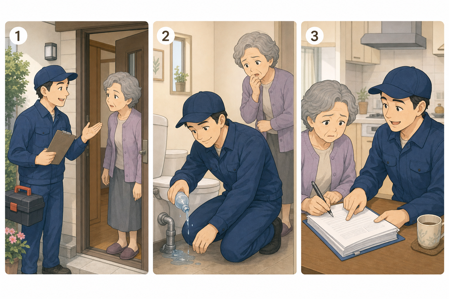 点検商法の3ステップ:点検を装い訪問→水をまくなどして不安をあおる→不要な工事を繰り返し契約させる