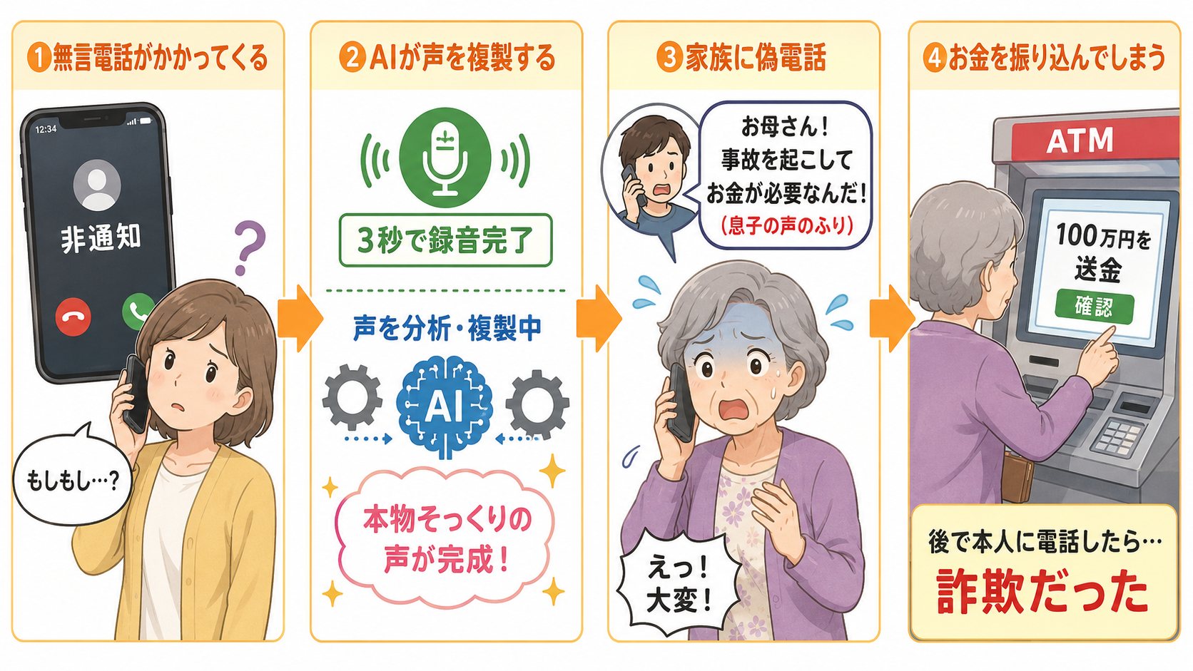 AI音声クローン詐欺の手口を4ステップで図解したイラスト