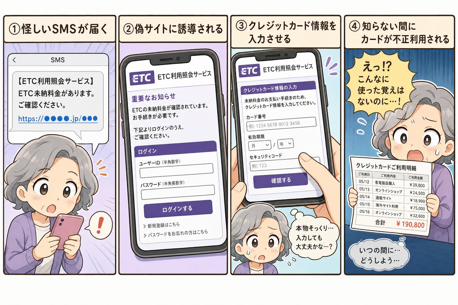 ETCスミッシング詐欺の手口を図解したイラスト
