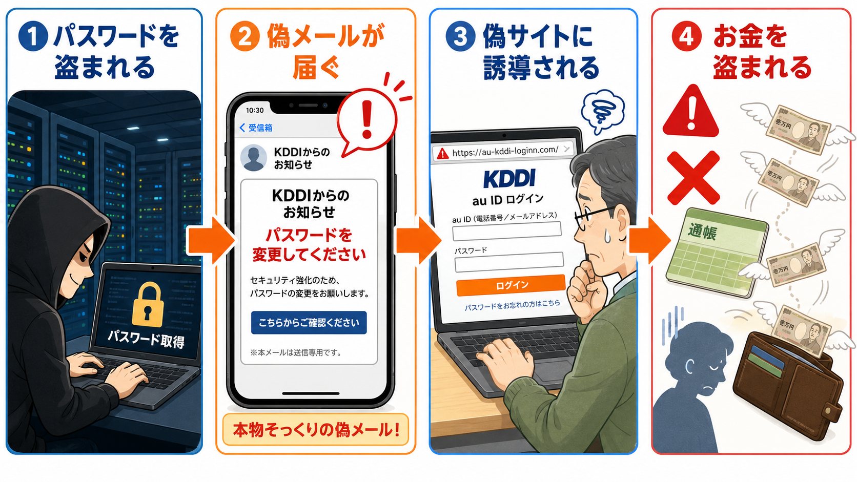 KDDIメール不正アクセスによるフィッシング詐欺の手口を4ステップで図解したイラスト