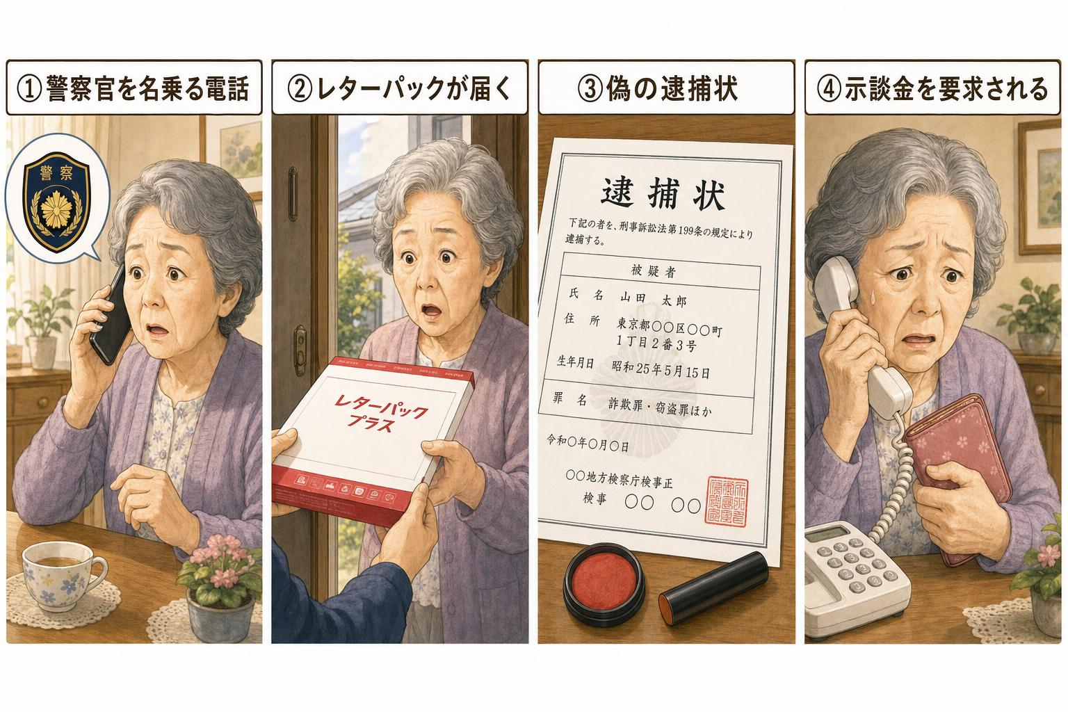 レターパックで届く偽逮捕状詐欺の手口を図解したイラスト