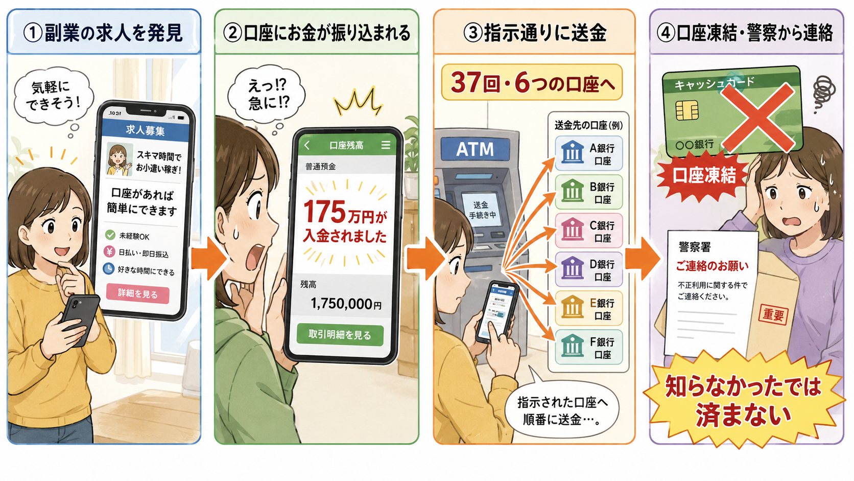 スキマバイトをきっかけにした送金犯罪の手口を4ステップで図解したイラスト