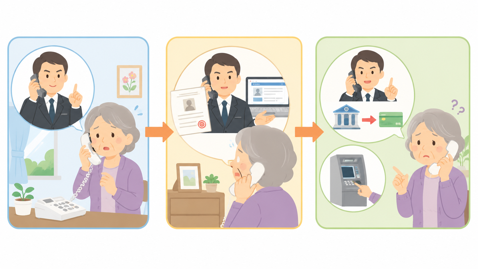 検察官をかたる電話詐欺の手口を示すイラスト
