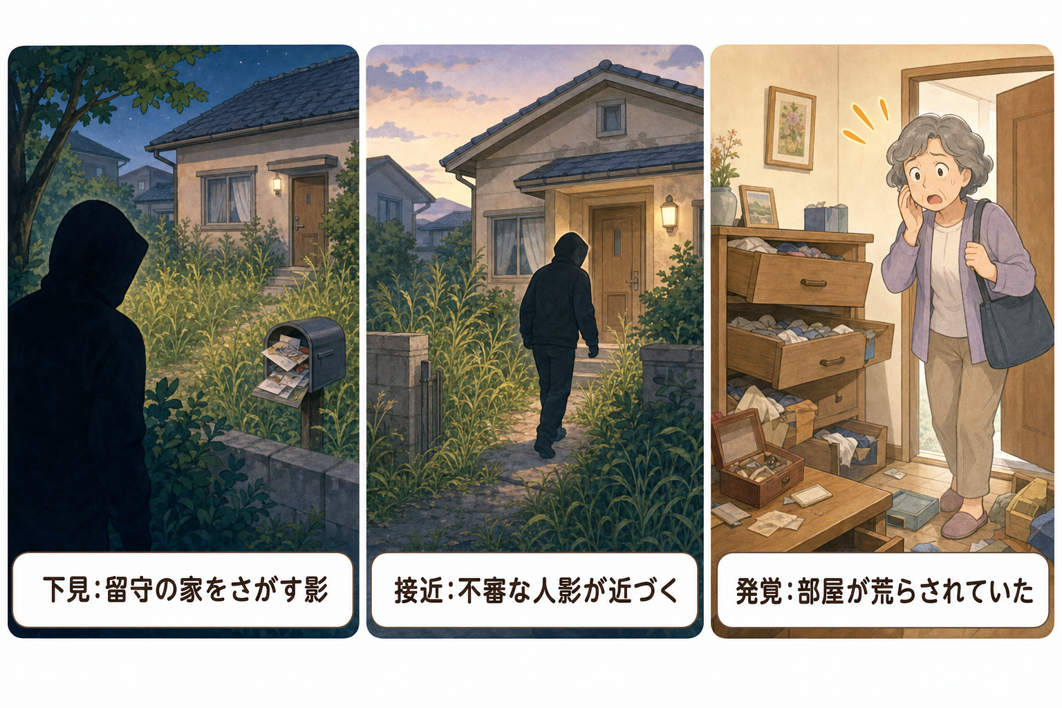 空き家を狙う窃盗の3コマイラスト。下見・接近・発覚の順に描かれている