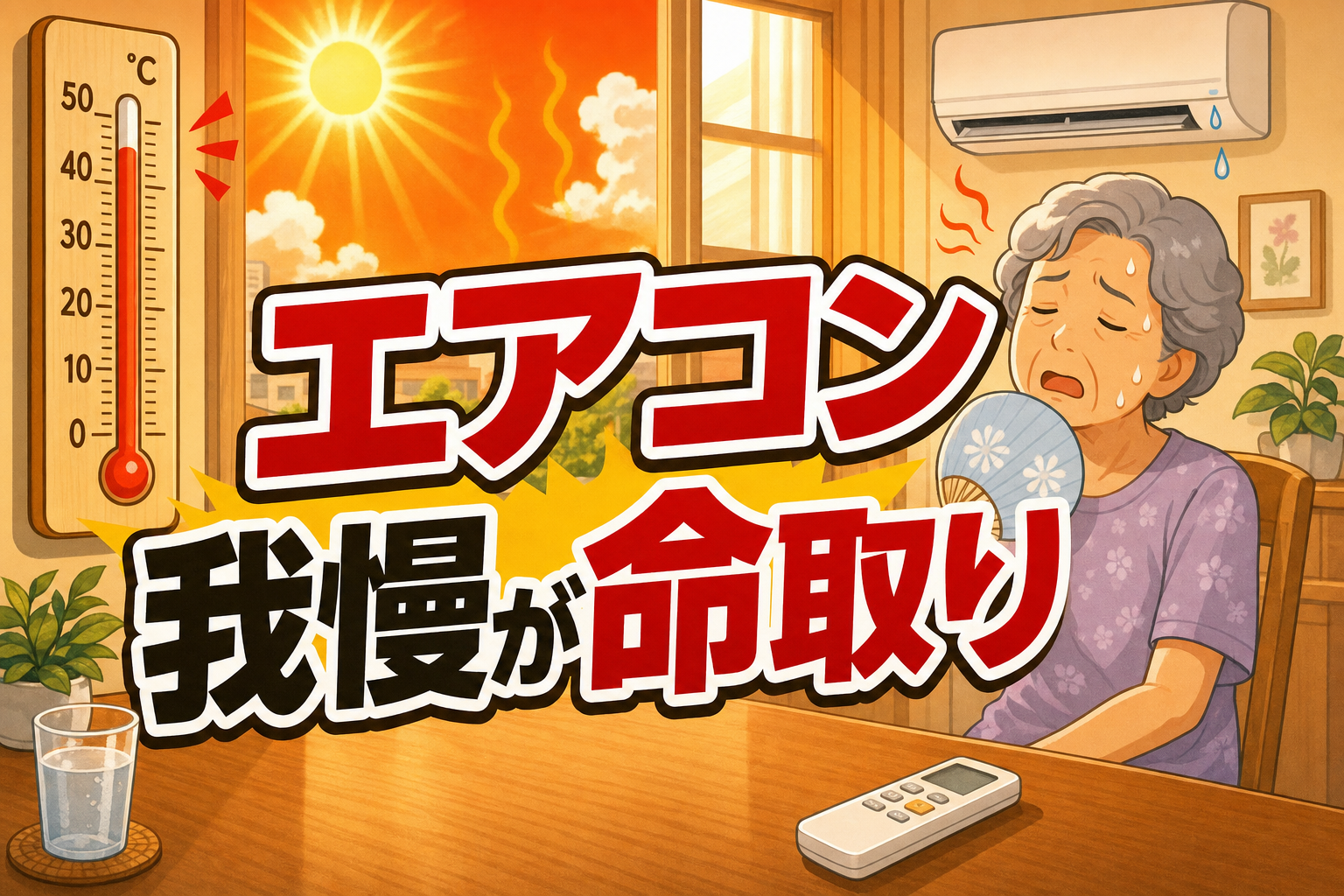 エアコンをつけずに我慢する高齢者と高温の室内を描いた、熱中症への注意を呼びかけるイラスト。見出し「エアコン我慢が命取り」