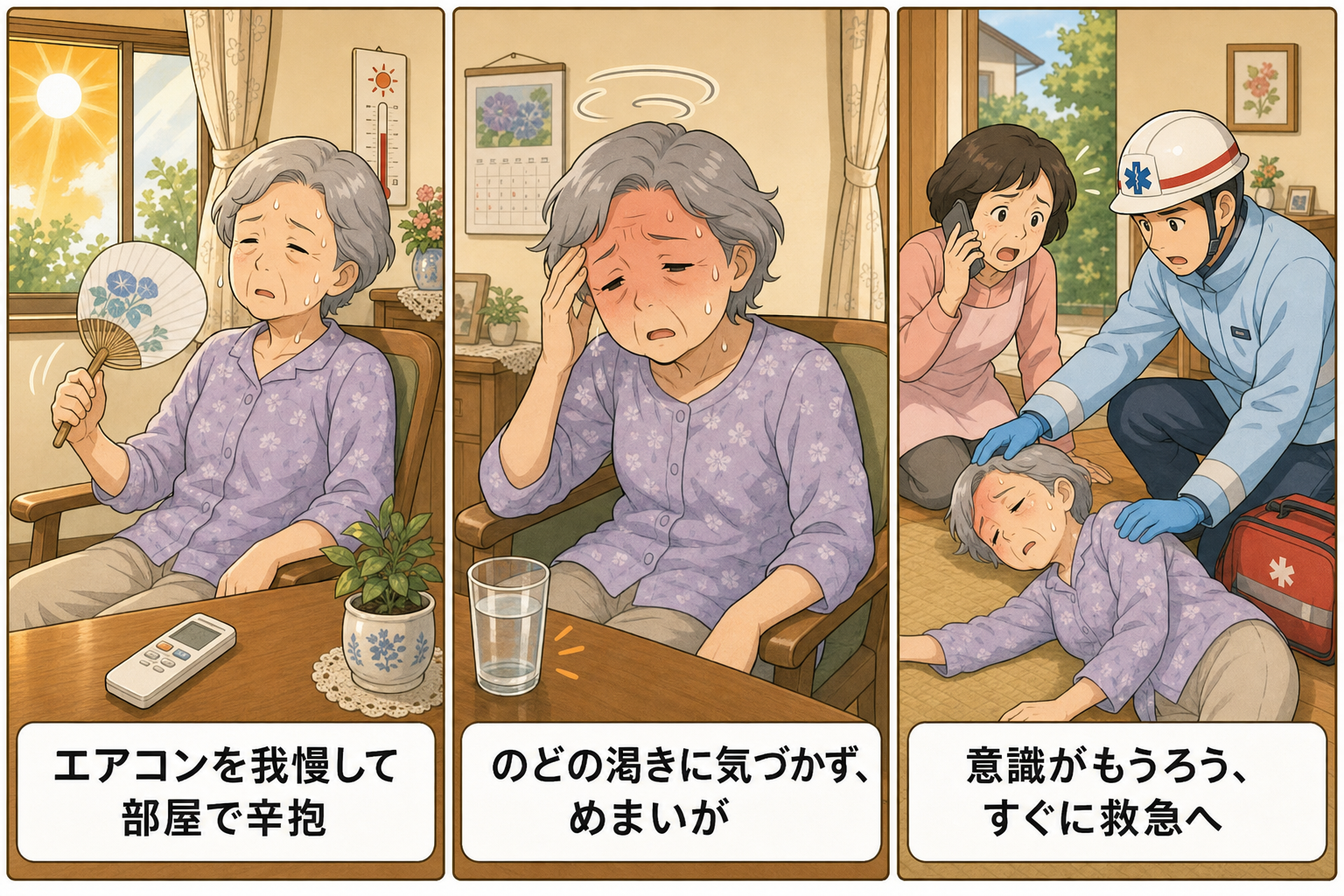 エアコンを我慢して熱中症になり、救急搬送されるまでの3コマ図解。①エアコンを我慢して部屋で辛抱②のどの渇きに気づかずめまいが③意識がもうろう、すぐに救急へ