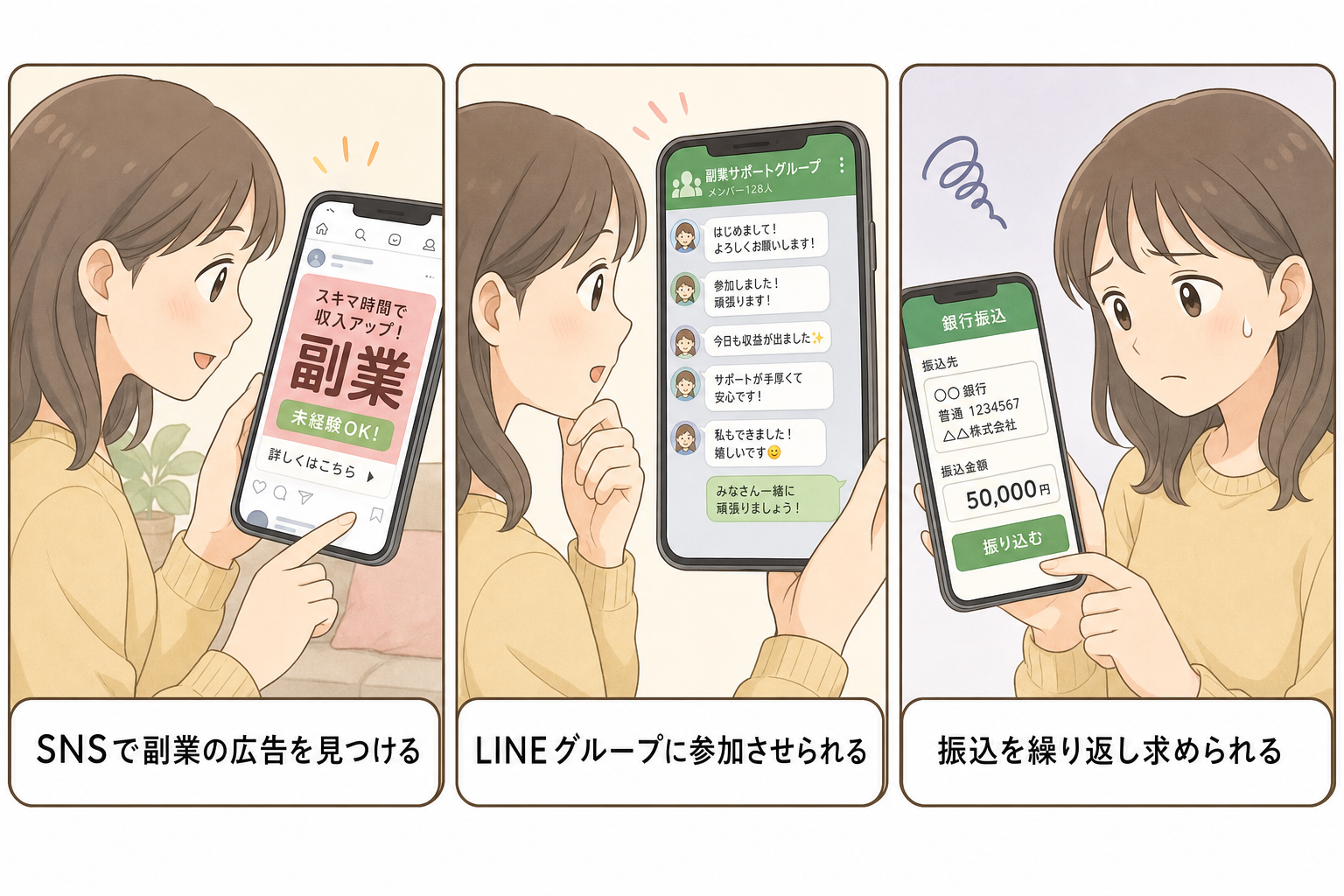 副業広告からLINEグループ詐欺に至る手口を示す3コマ図解イラスト