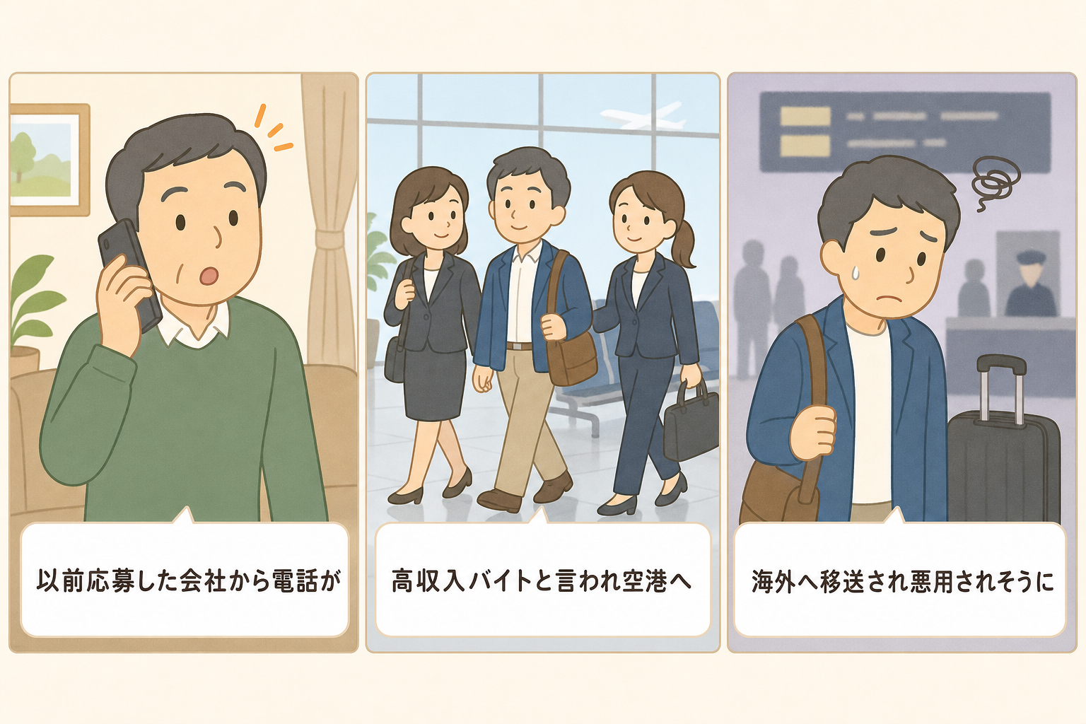面接後に高収入バイトと誘われ、空港から海外へ移送される3コマイラスト