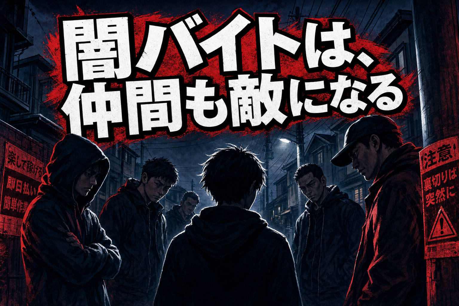 「闇バイトは、仲間も敵になる」というキャッチコピーとともに、路上で複数の男に囲まれる若い男性のシルエットを描いたアイキャッチ画像