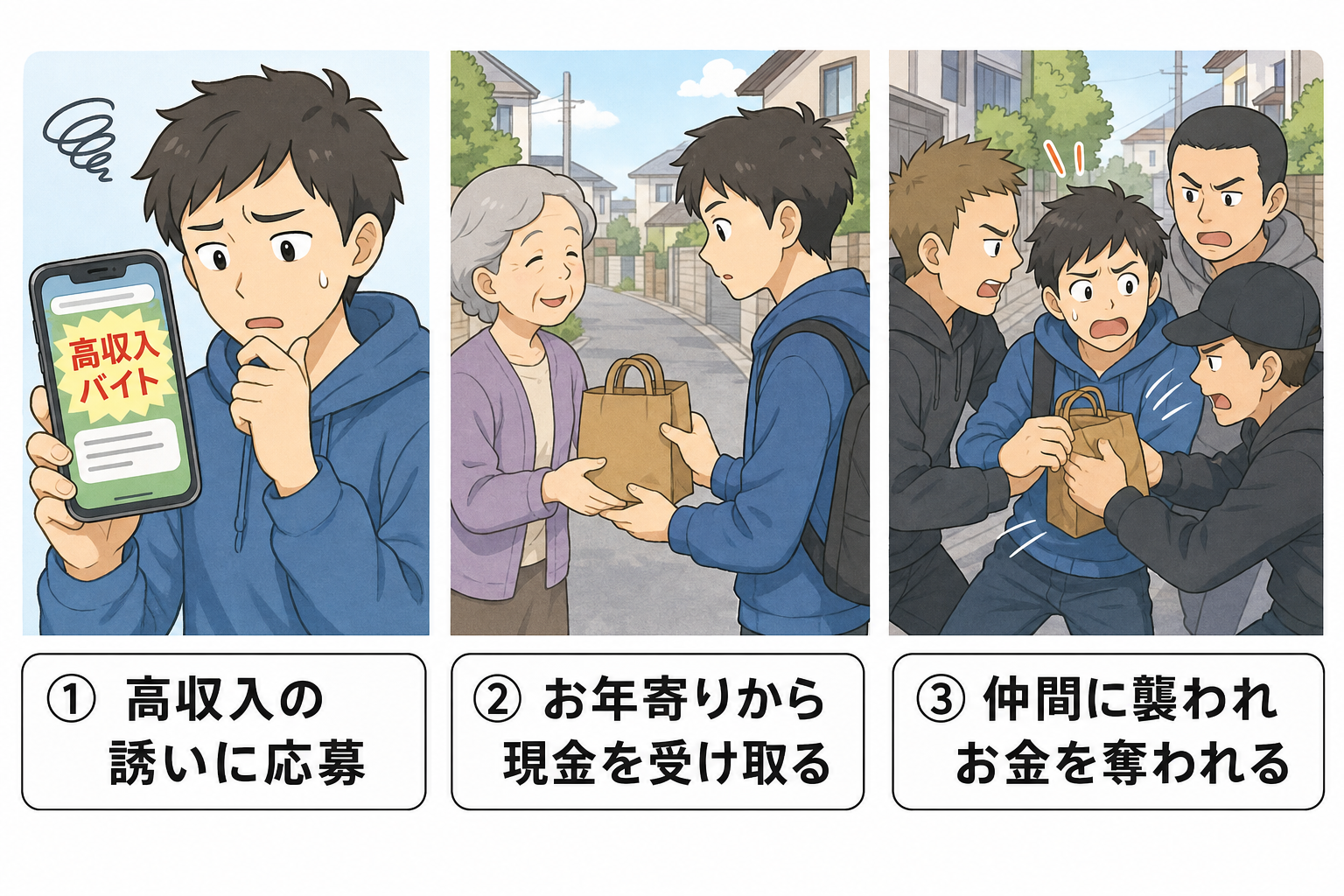 闇バイトの受け子が高齢女性から現金を受け取り、その後仲間に襲われて金を奪われる3コマの手口図解イラスト