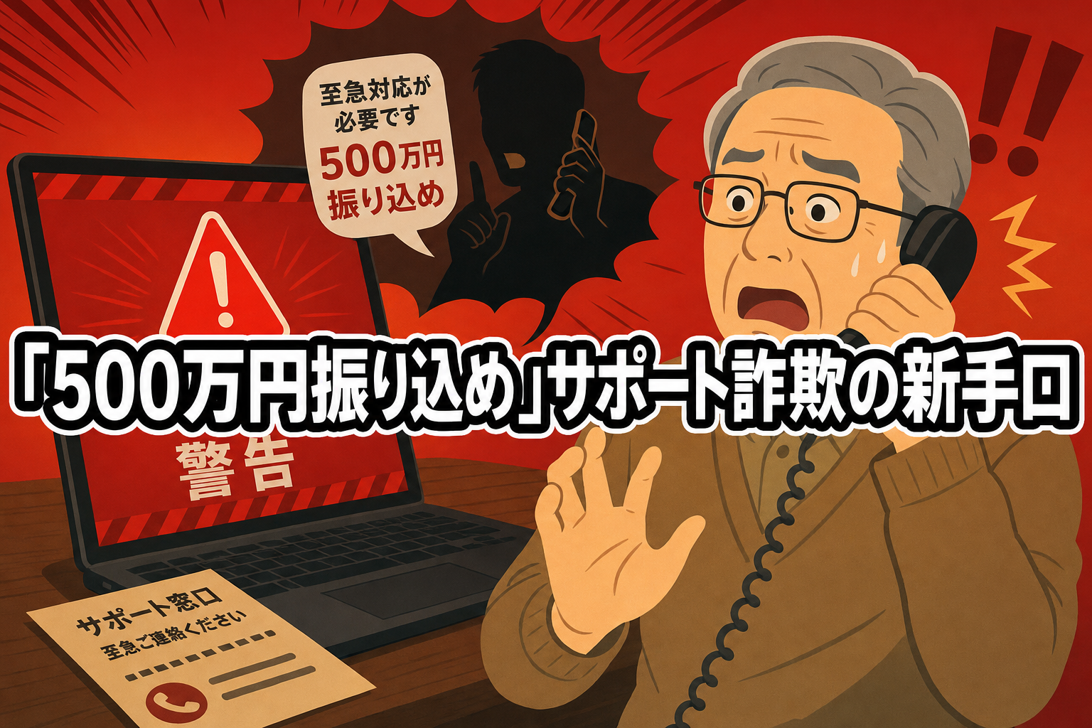 「500万円振り込め」サポート詐欺の新手口に注意を呼びかけるアイキャッチ画像
