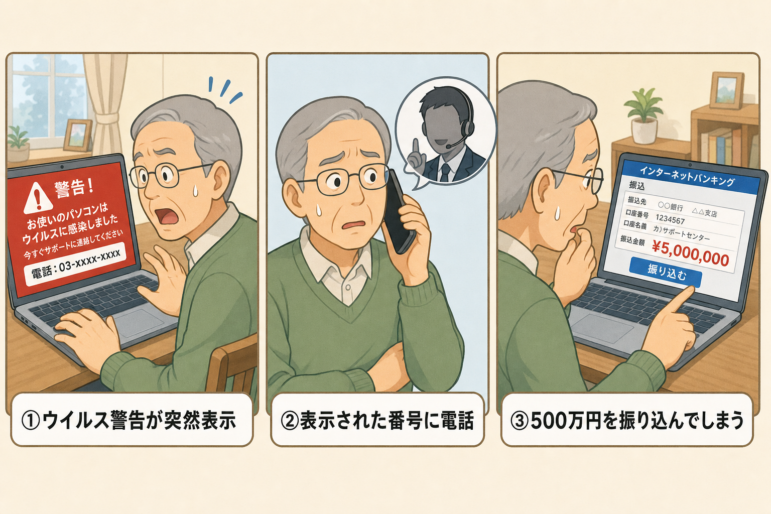 サポート詐欺の手口3コマ図解:ウイルス警告表示、電話をかける、500万円を振り込んでしまう