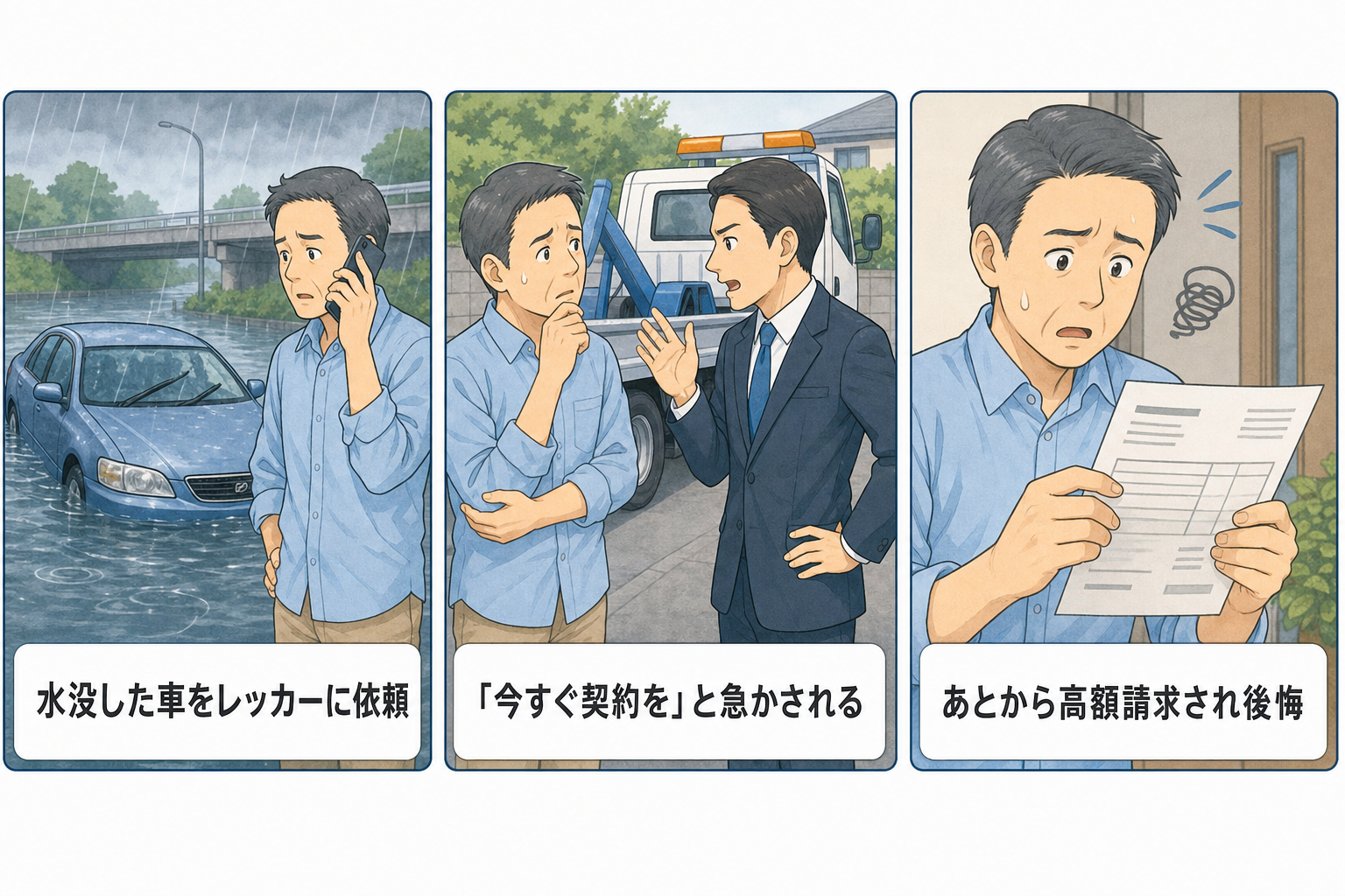 「動くのに高額請求」水没車レッカーの罠｜災害後の悪質業者対策 手口解説イラスト