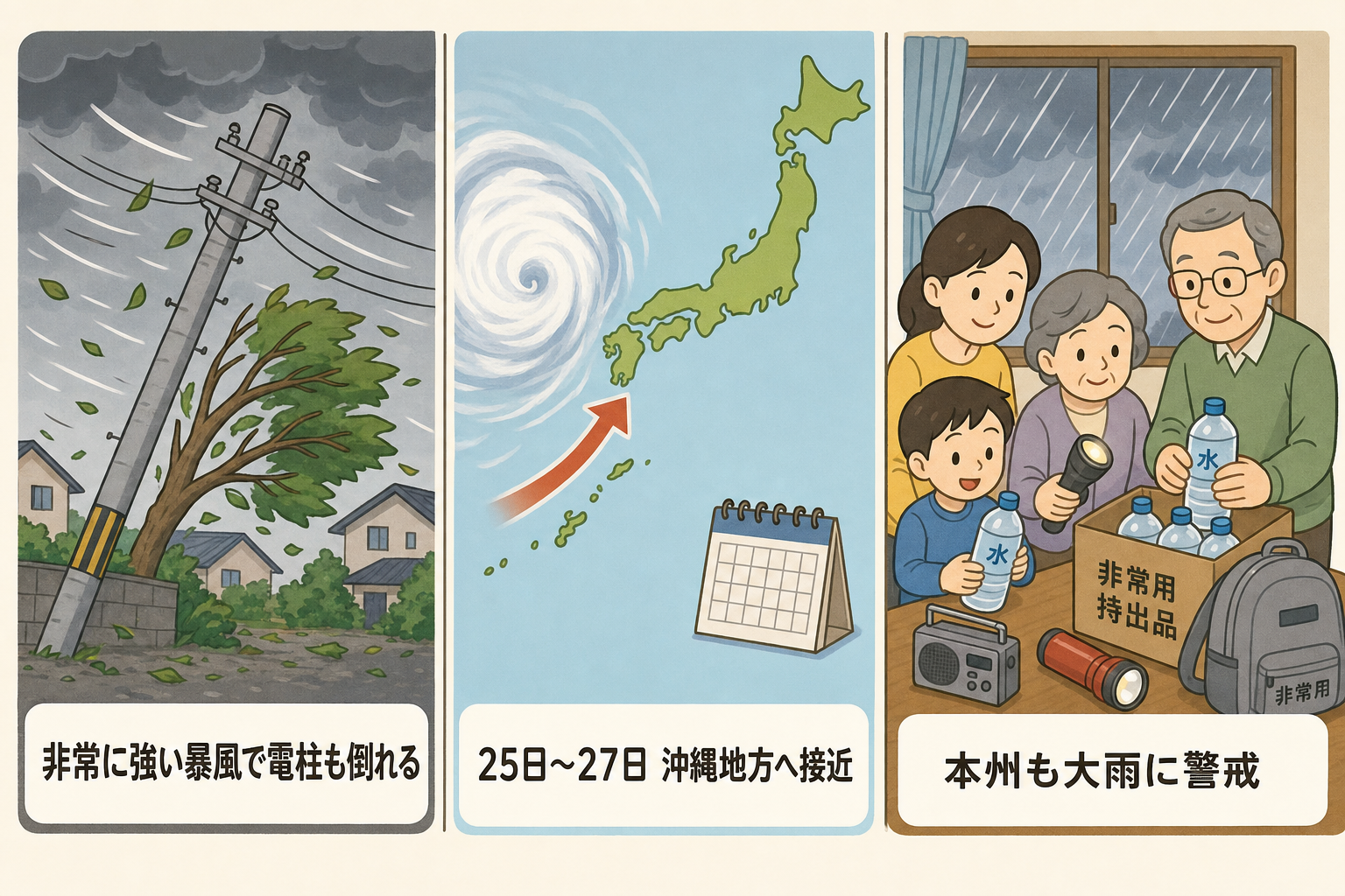 「台風18号」電柱倒壊級の暴風｜沖縄で今すぐすべき備え 手口解説イラスト
