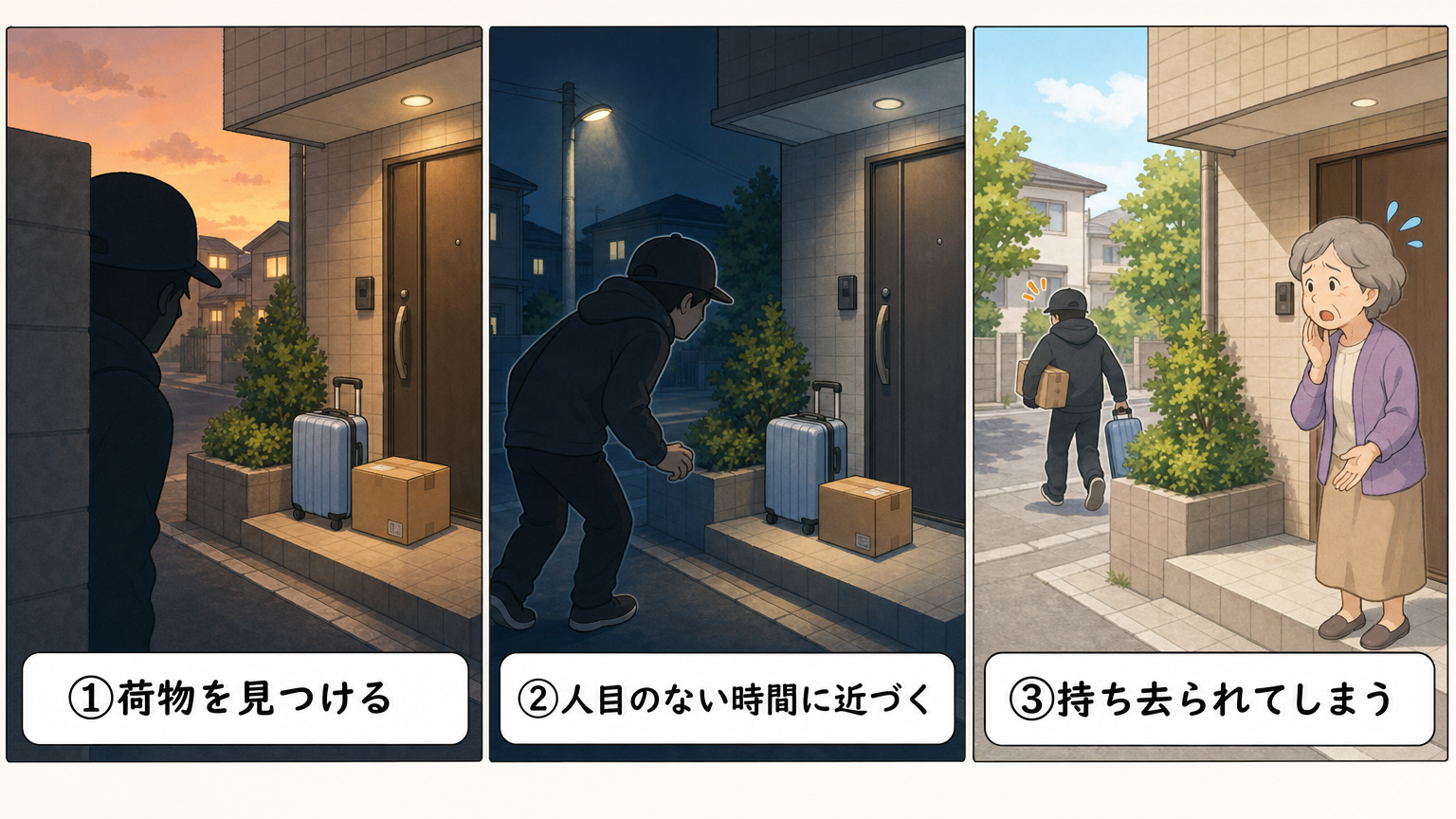 「置き配」荷物が盗まれた高知の事件 手口解説イラスト