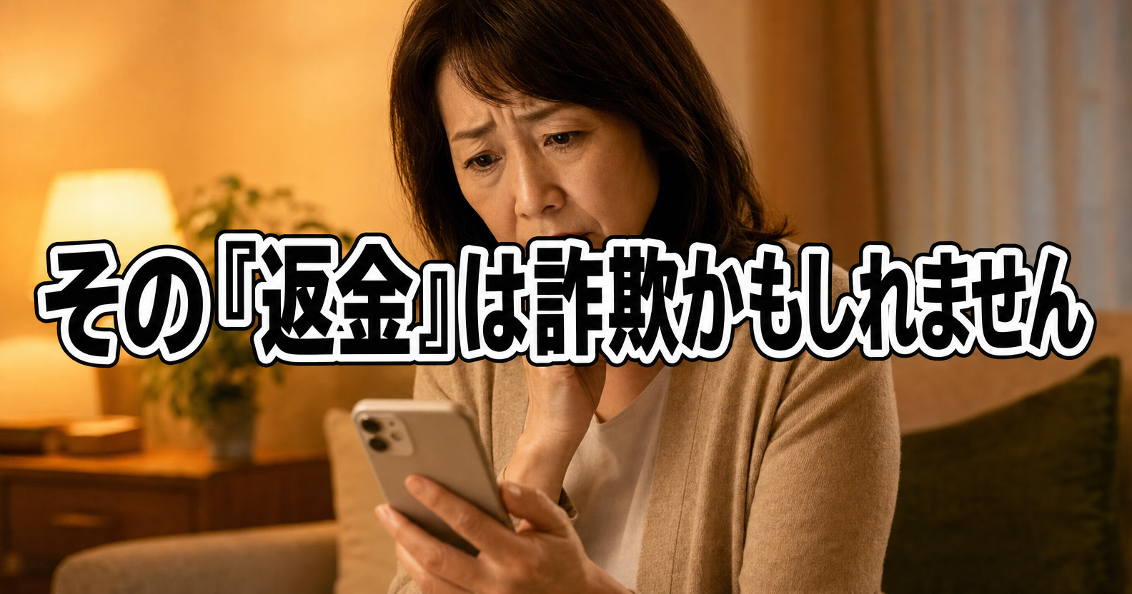スマートフォンを見て不安な表情の女性と『その返金は詐欺かもしれません』の見出し