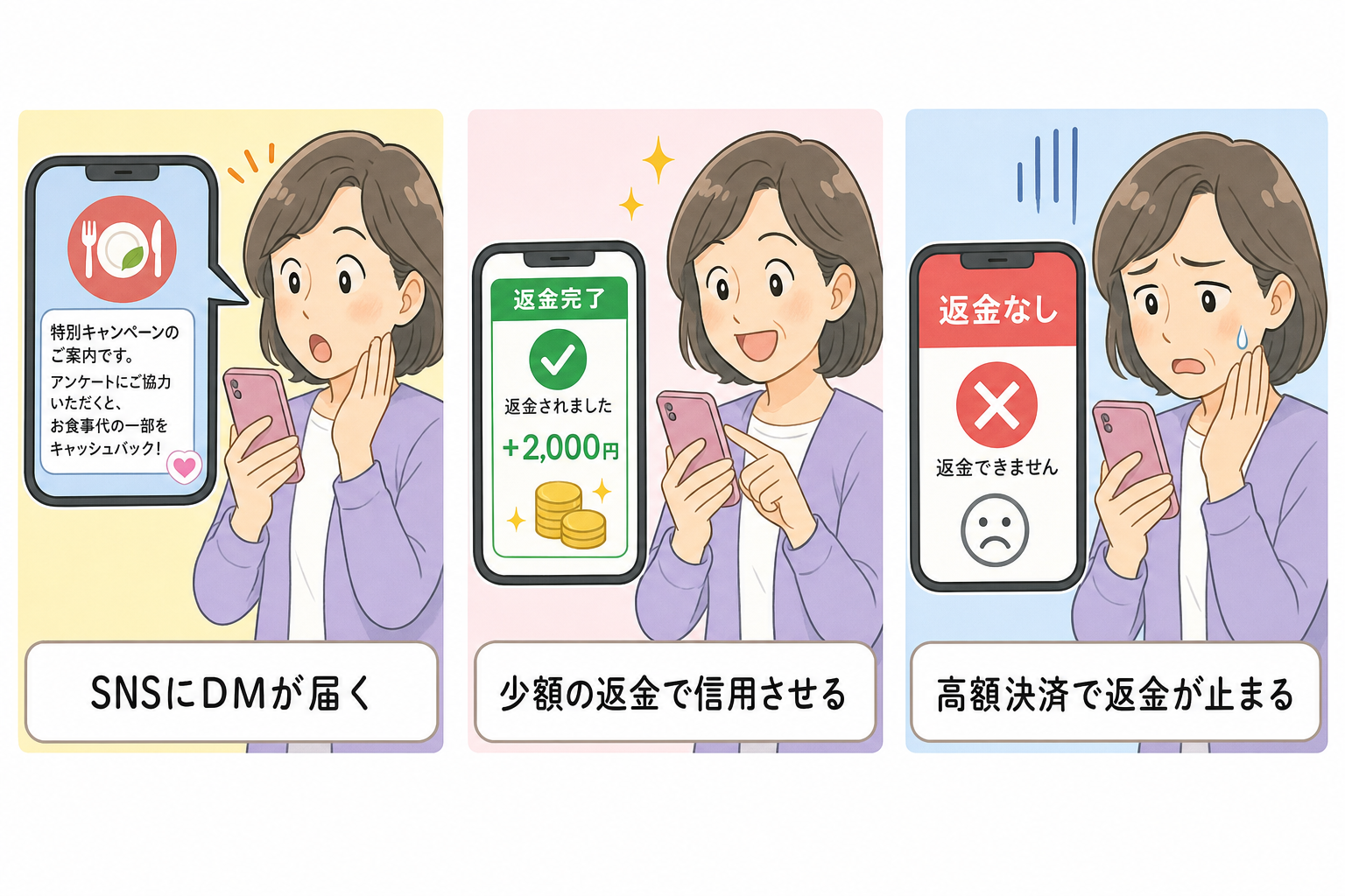 SNSのDMから始まる被災地支援詐欺の手口を示す3コマ図解イラスト