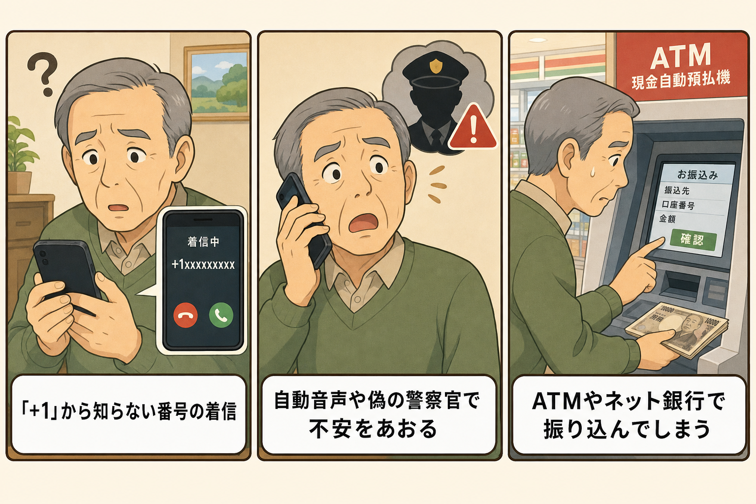 国際電話詐欺の手口3コマ図解:+1から始まる着信、自動音声や偽の警察官で不安を煽る、ATMやネットバンキングで振込ませる