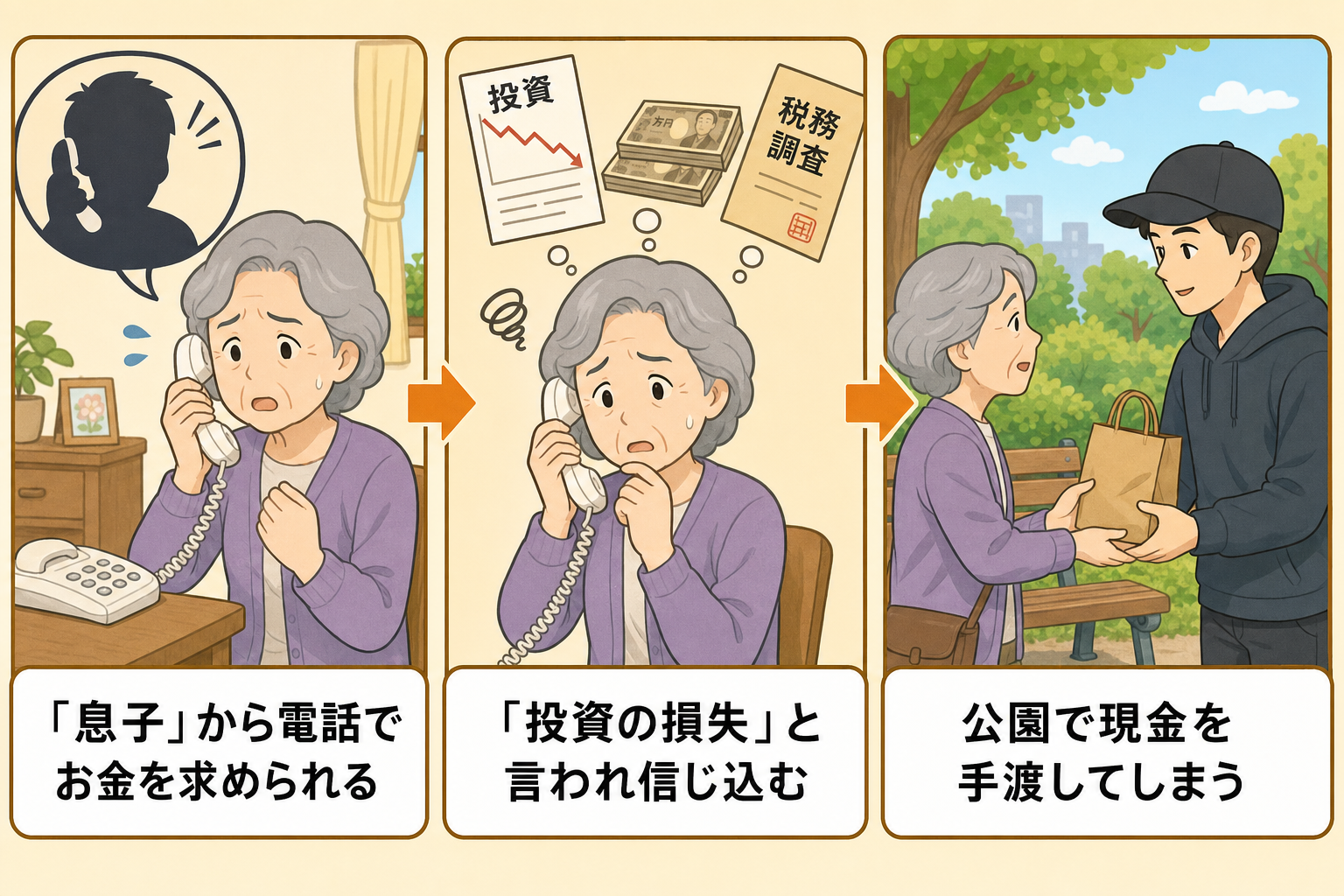 オレオレ詐欺の手口3コマ図解:息子を名乗る電話でお金を求められる、投資の損失や税務調査を理由に信じ込ませる、公園で見知らぬ人物に現金を手渡す