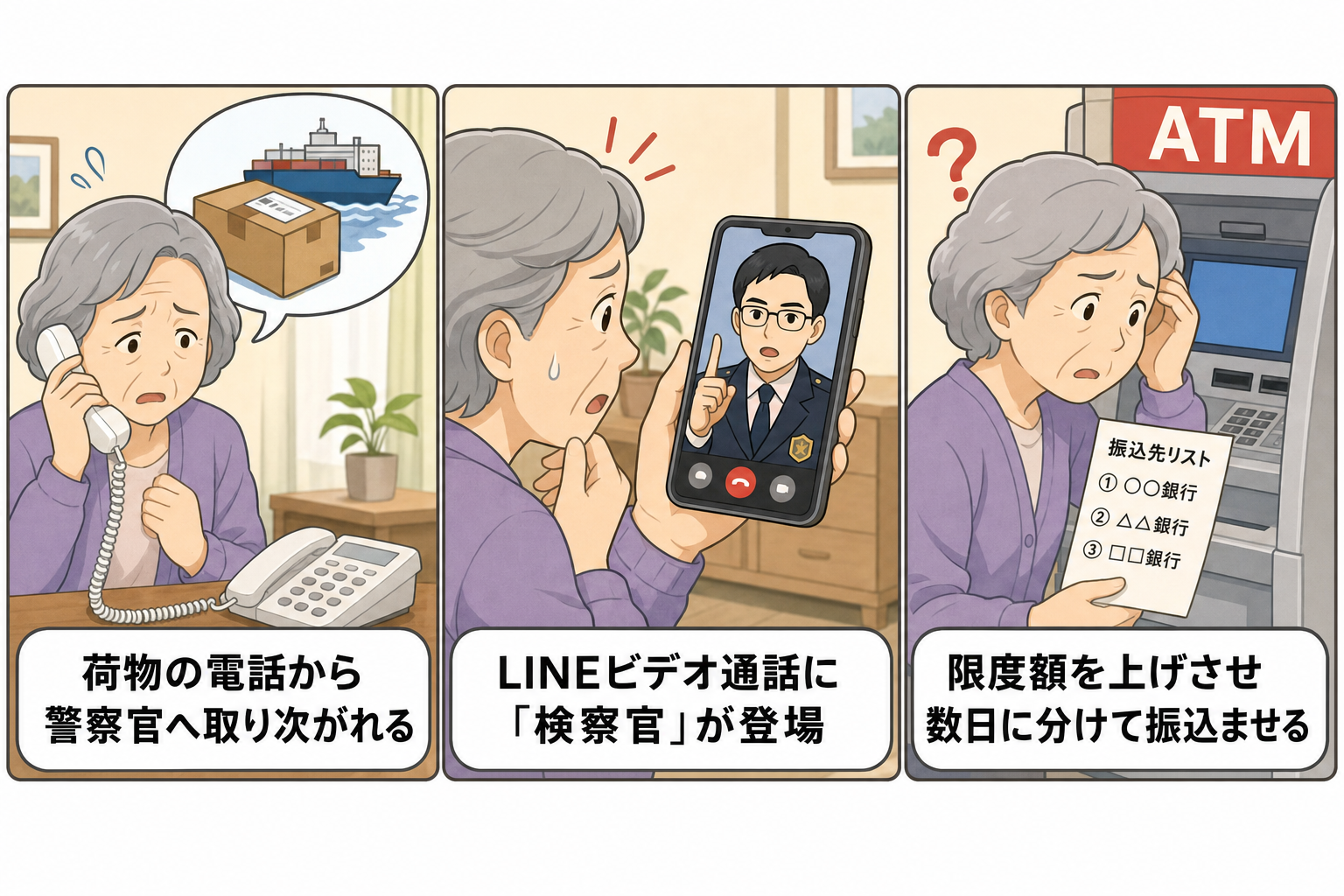検察官なりすまし詐欺の手口3コマ図解:荷物の電話から警察官へ取り次がれる、LINEビデオ通話に検察官が登場、限度額を上げさせ数日に分けて振込ませる