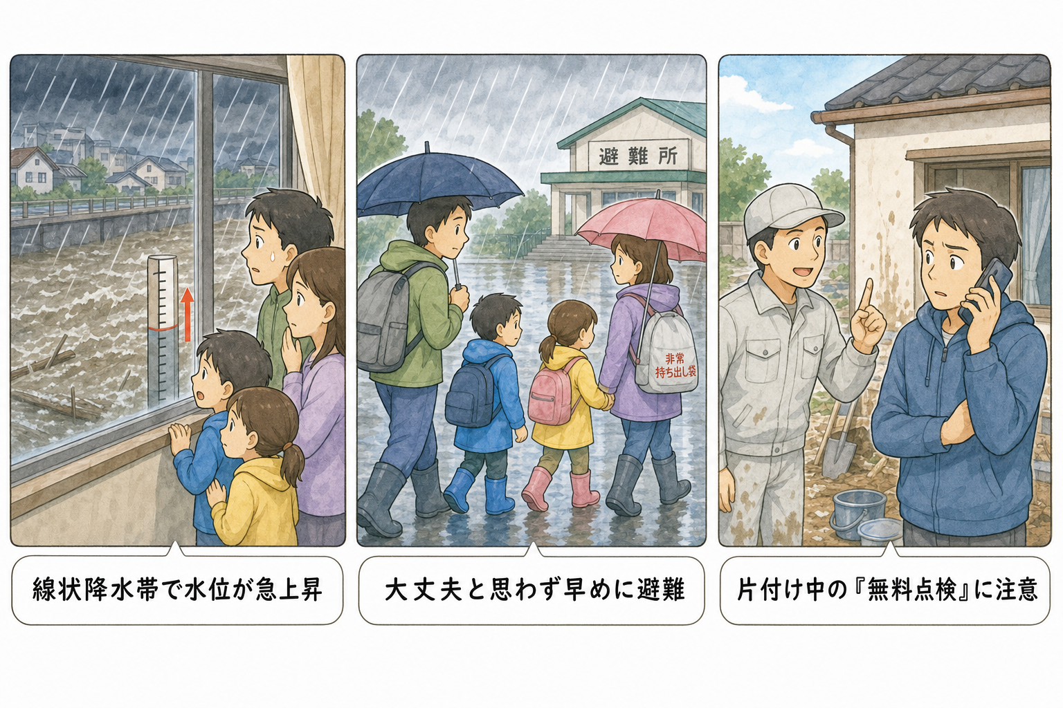 石川・富山の記録的豪雨と対策を示す3コマイラスト:線状降水帯での水位急上昇、早めの避難、片付け中の悪質業者への注意