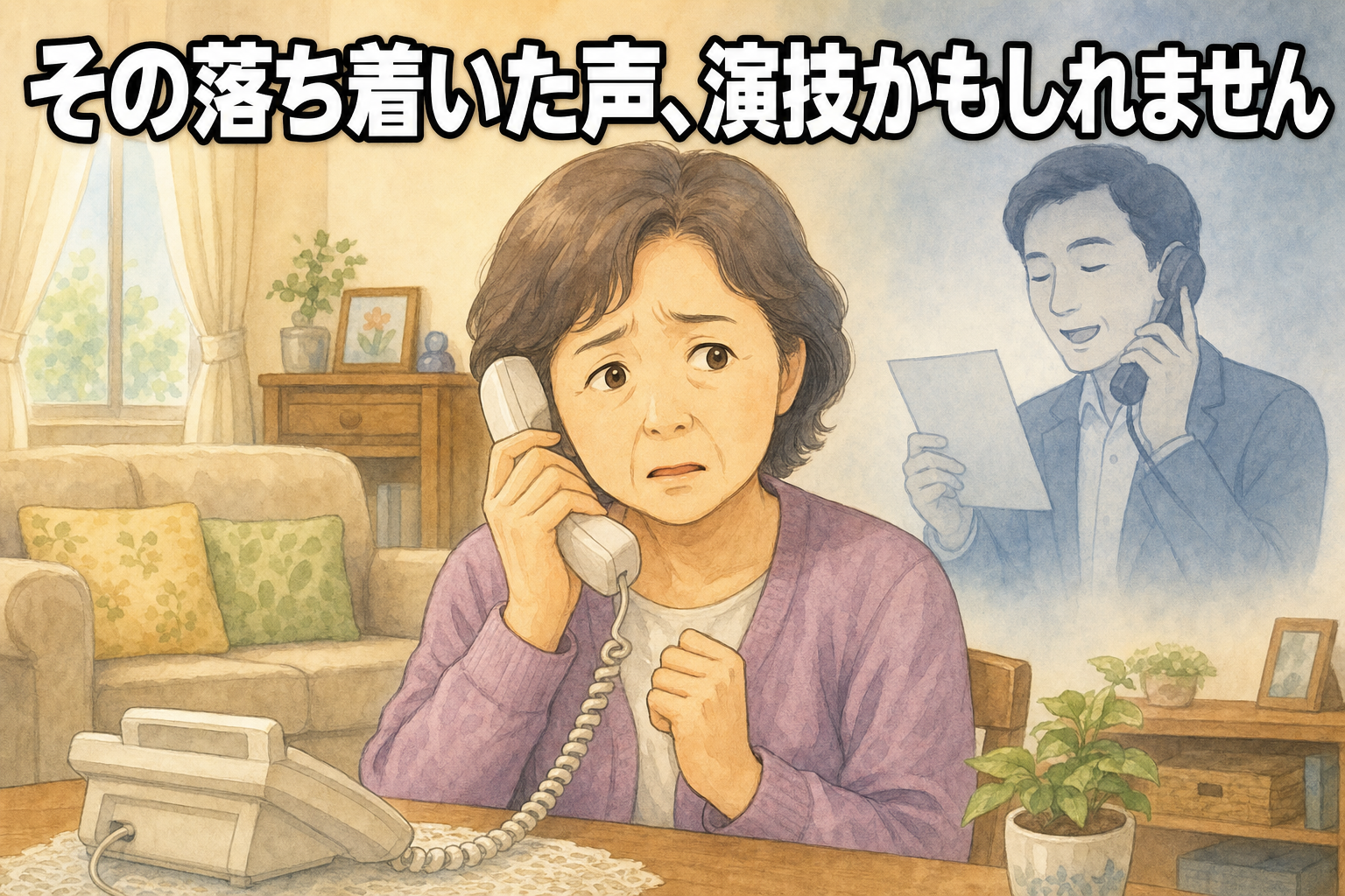「その落ち着いた声、演技かもしれません」の見出しとともに、固定電話で不安げな表情を浮かべる高齢女性と、台本を見ながら話す男の影を描いた、かけ子研修による特殊詐欺注意喚起のアイキャッチ画像