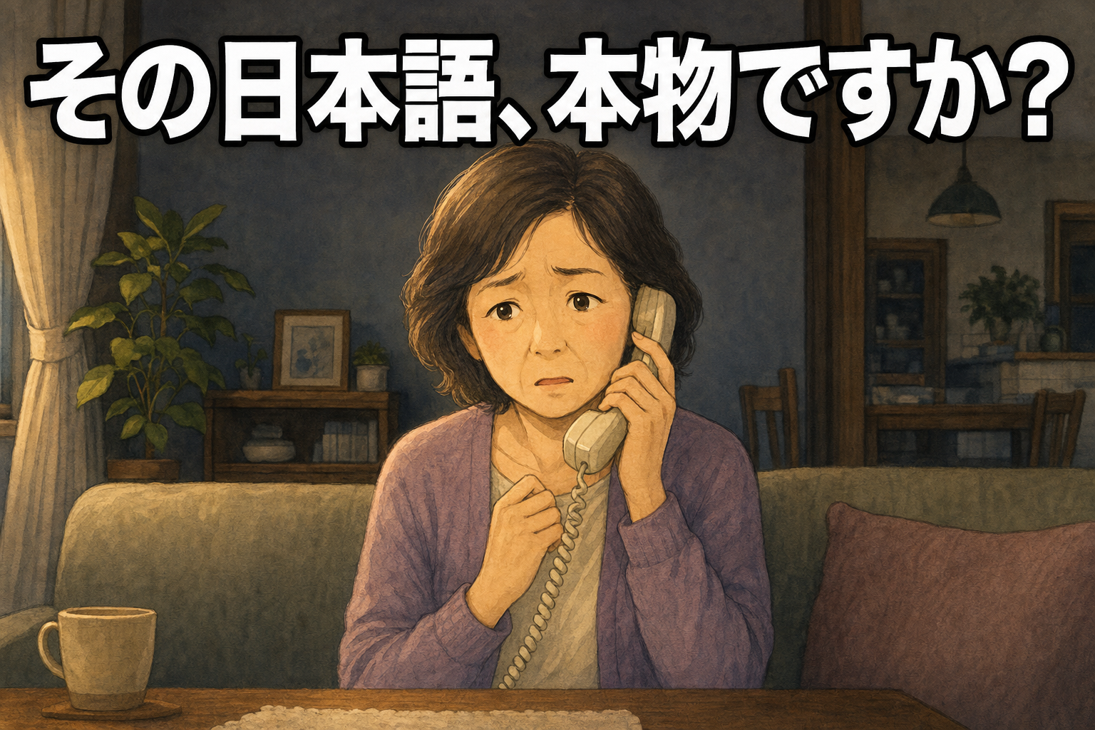 「その日本語、本物ですか？」の見出しとともに、固定電話を手に不安そうな高齢女性を描いた、海外拠点の警察官なりすまし詐欺注意喚起のアイキャッチ画像