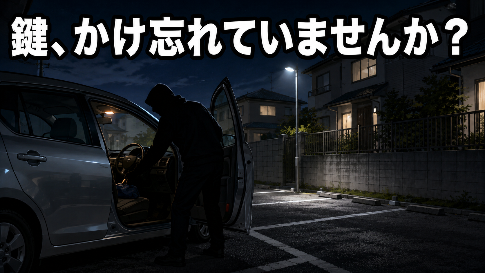 夜の駐車場で車上荒らしが起きている様子と「鍵、かけ忘れていませんか？」の見出し