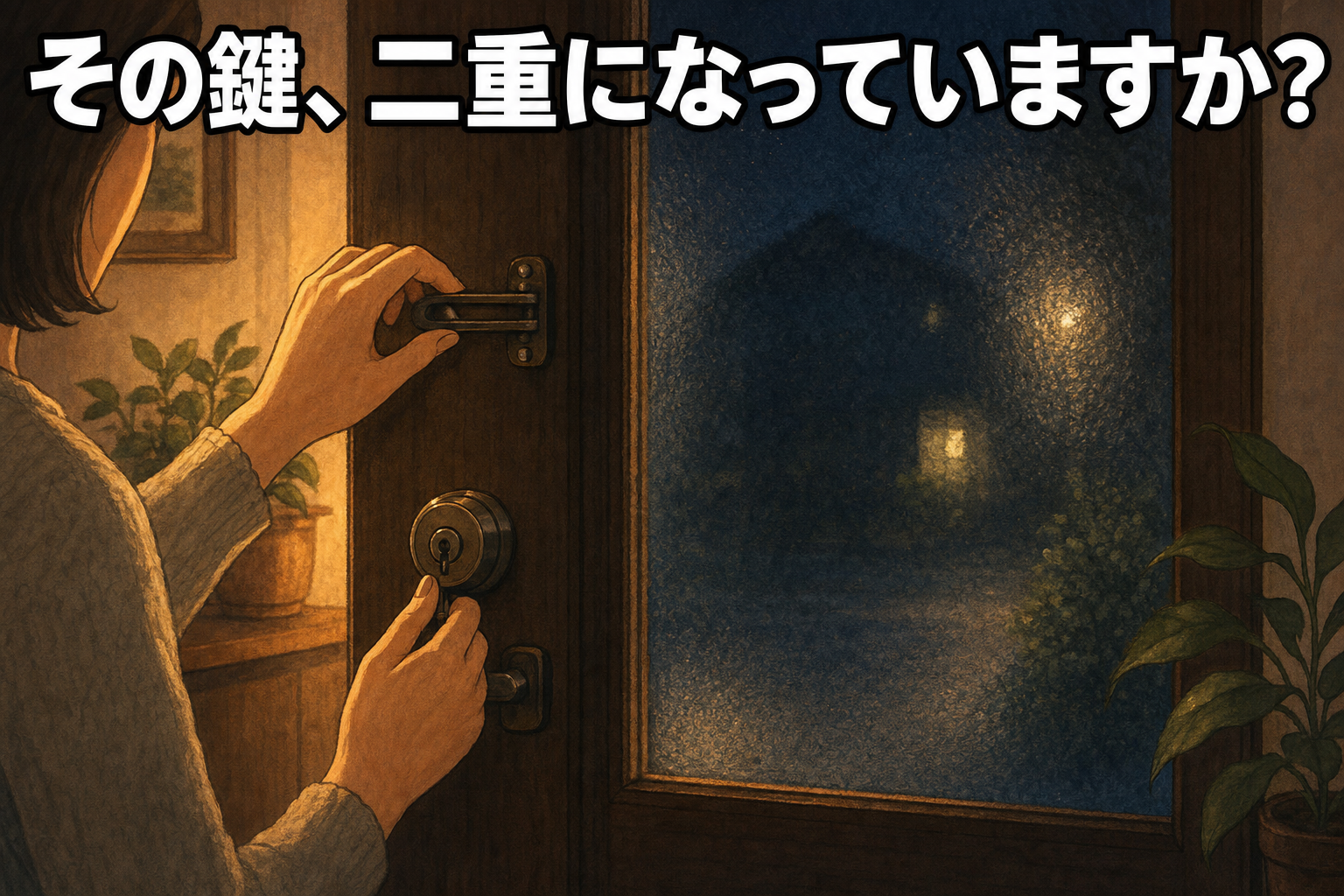 「その鍵、二重になっていますか？」の見出しとともに、夜の玄関ドアの補助錠に手をかける住人を描いた、トクリュウによる強盗致傷事件注意喚起のアイキャッチ画像